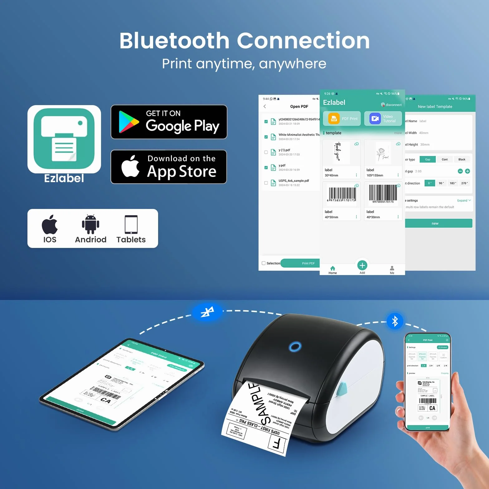 Stampante per Etichette Bluetooth, Stampante per Etichette di Spedizione, 4 x 6 Stampante Termica Stampante Etichette Label Printer Macchina Compatibile con Etsy,DPD, Ups, Otto, DHL