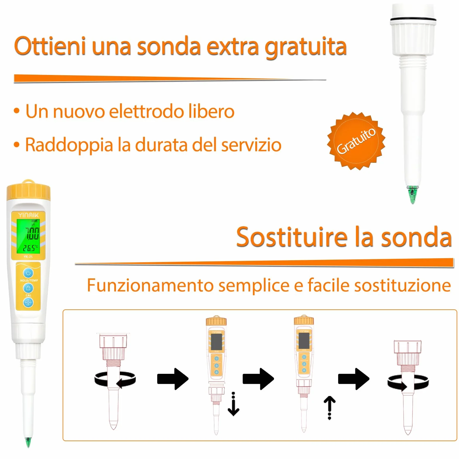 Misuratore pH per Alimenti con Sonda Sostituibile - Phmetro Lievito Madre Digitale per Carne, Impasti, Inscatolamento, Formaggio + Piaccametro per Alimenti - Yinmik Misuratore pH per Acqua e Terreni