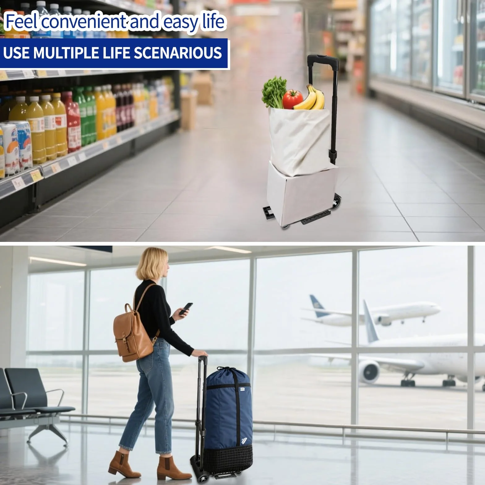 Carrello Pieghevole in Alluminio, Portatile Carrello per Trasporto, Portata Massima 65kg, Manico Telescopico Lungo 95.5 cm, Dimensioni Piattaforma 35 * 36 cm Ideale per Viaggi, Traslochi