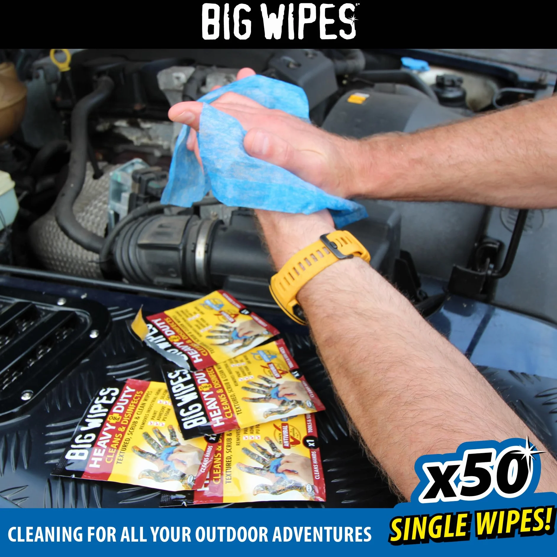 Big Wipes Heavy Duty Pro+ Salviette per le mani x50 bustine singole, rimuove vernice, olio, schiuma PU, adesivi, aloe vera, vitamina E, salviette professionali bifacciali