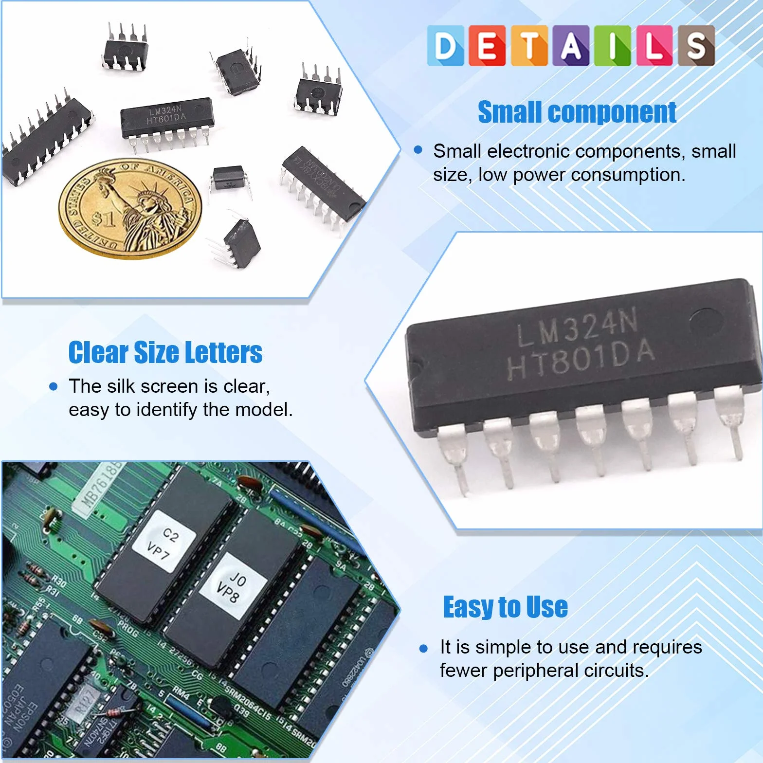 Glarks - Kit di 50 chip con circuito integrato, 10 tipi di circuiti integrati, opamp, singolo timer di precisione, pwm, tra cui LM324 LM358 LM386 LM393 UA741 NE5532 NE555 PC817 ULN2003 ULN2803