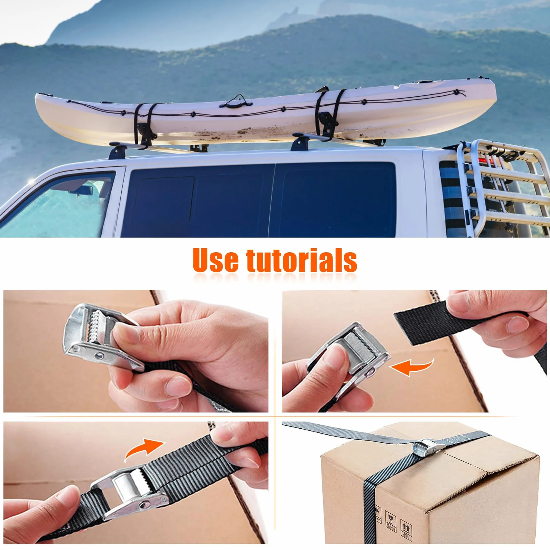 Cinghia di Ancoraggio 3M, 4 Pezzi Carico Cinghie di Tensione con Fibbia, Professionali Cinghie di Carico Regolabili per Kayak, Tavola da Surf, Canoa, Bici, Moto - Portata 250kg, Cinghia di Fissaggio