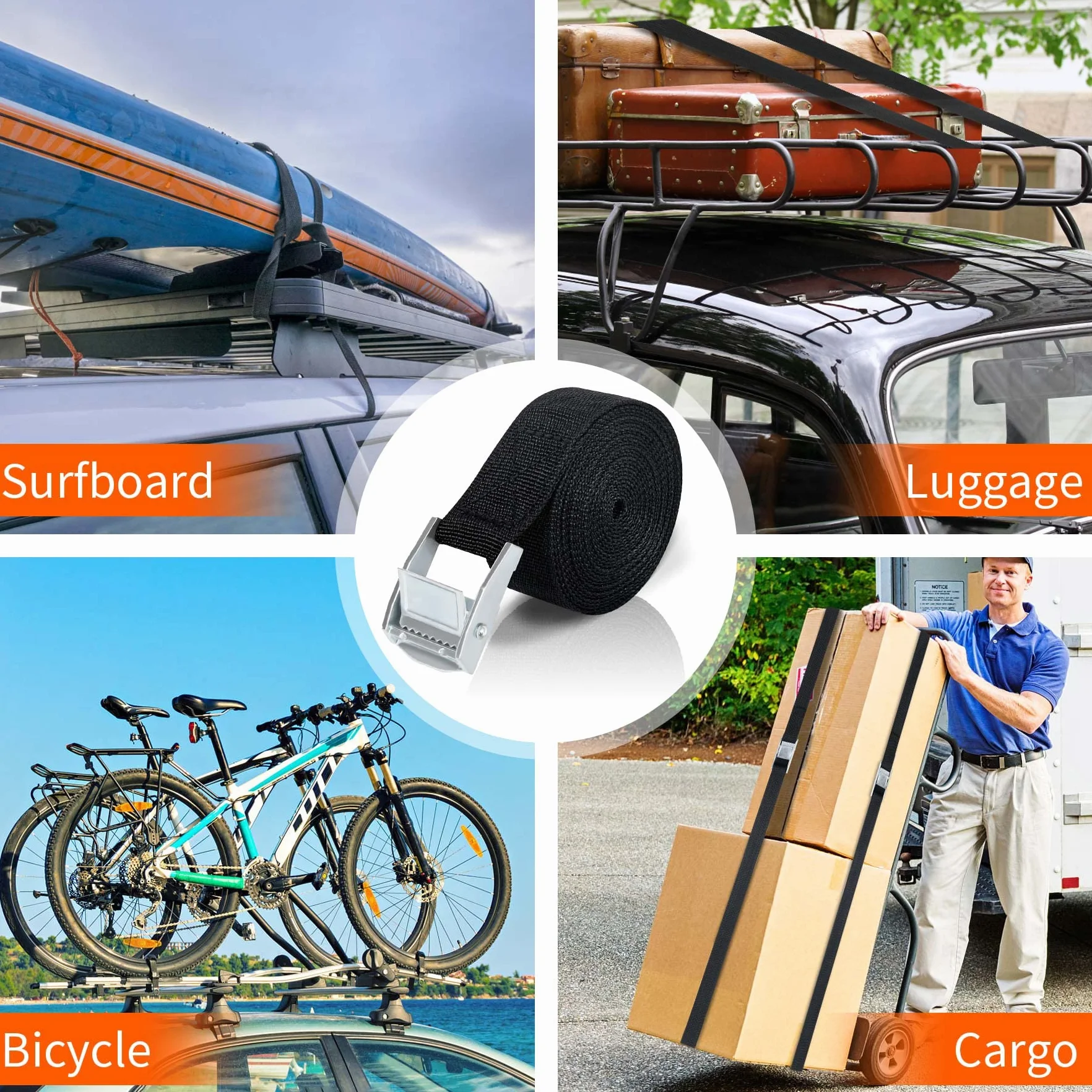 Cinghia di Ancoraggio 3M, 4 Pezzi Carico Cinghie di Tensione con Fibbia, Professionali Cinghie di Carico Regolabili per Kayak, Tavola da Surf, Canoa, Bici, Moto - Portata 250kg, Cinghia di Fissaggio