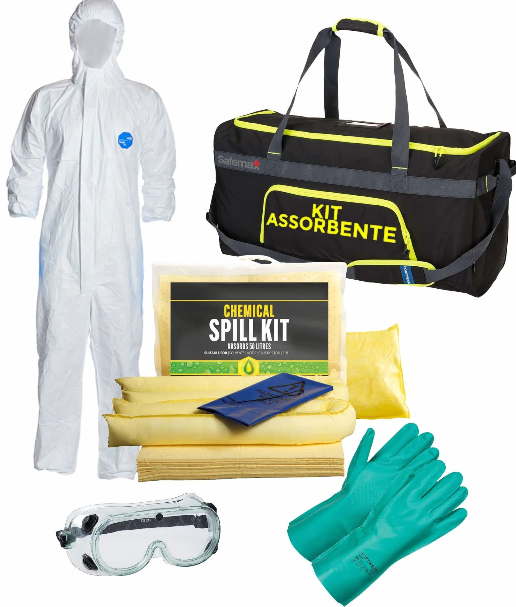 Kit prodotti assorbenti per liquidi chimici Safemax, borsone in poliestere con prodotti di emergenza per sversamenti chimici - potere assorbenza fino 50 lt