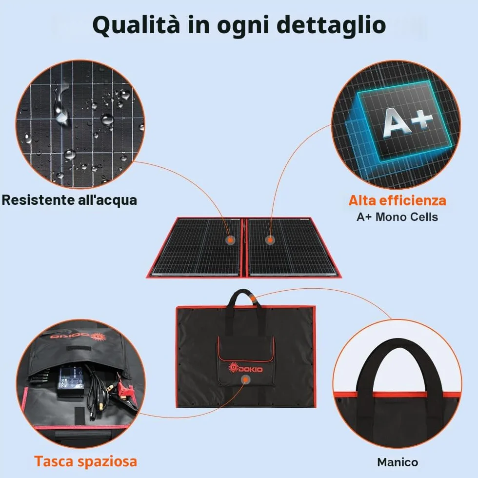 DOKIO Kit Pannello Solare Portatile 100W Monocristallino Pieghevole Plug and Play, Nero