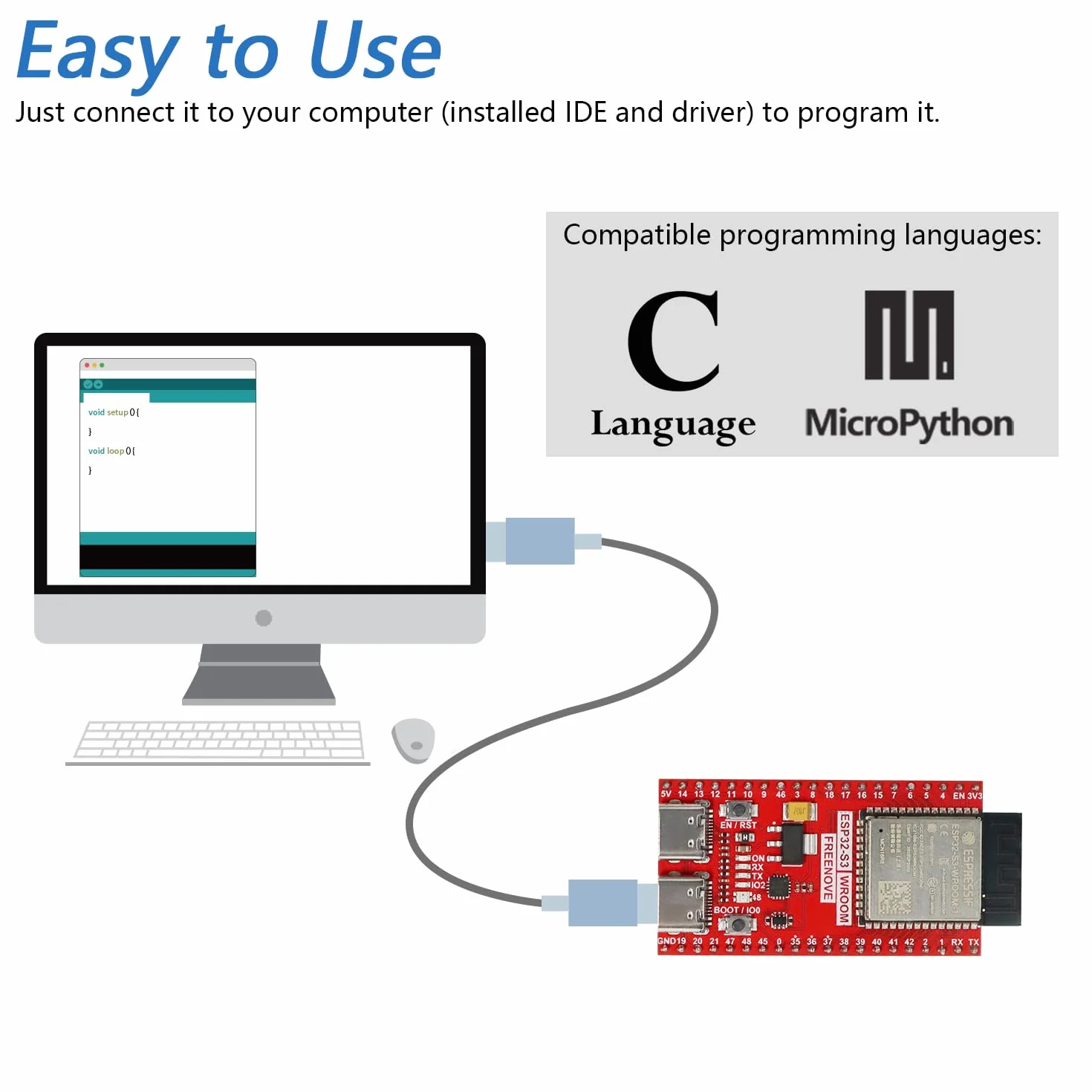 Freenove ESP32-S3 Board Lite 16 MB Flash 2 Pack Dual-core 32-bit 240 MHz Microcontroller Wireless Python C