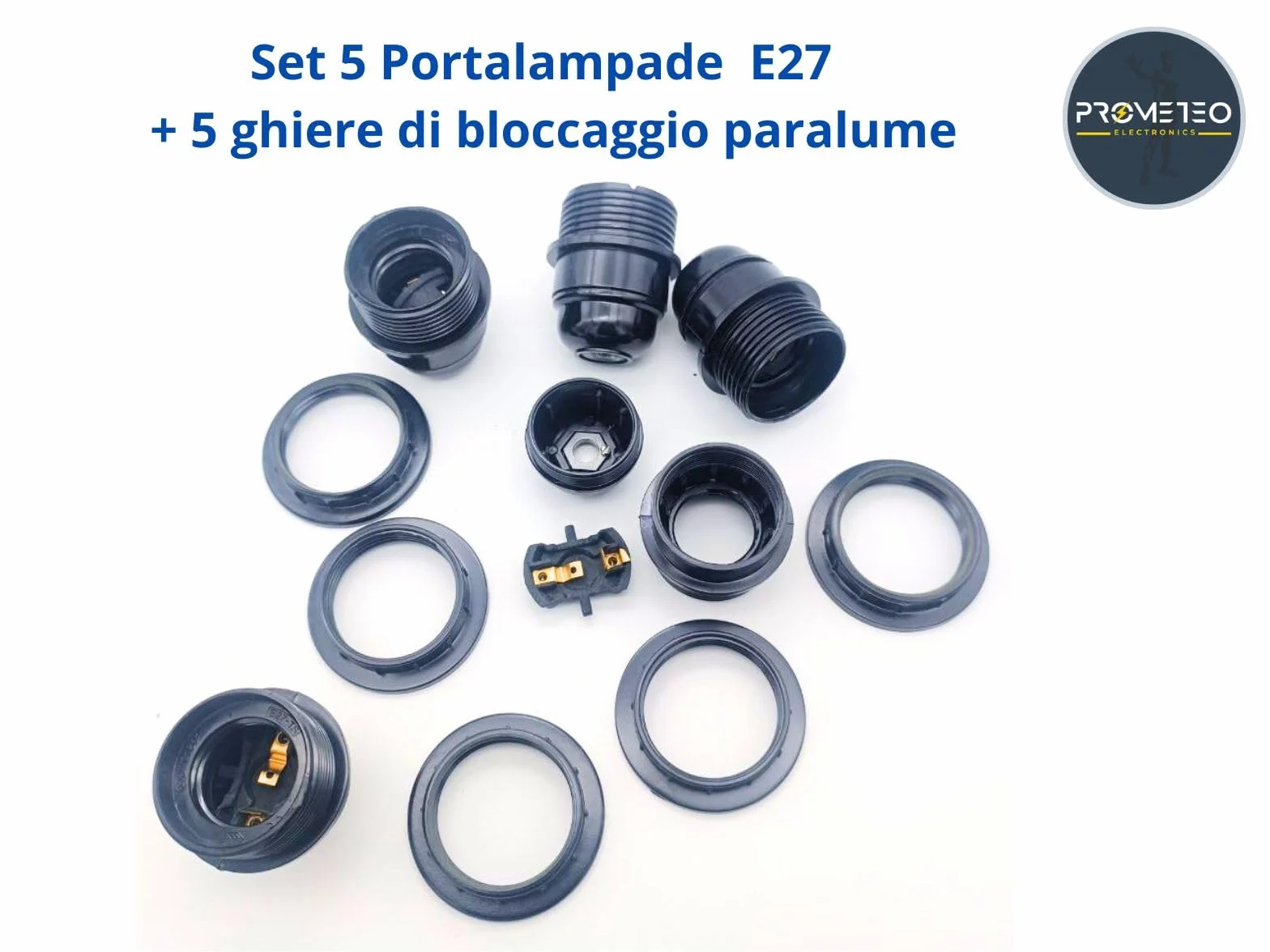 Set 5 Portalampade E27 parzialmente filettato con Nipple di blocco resistenti fino a 180° 4A 250V + 5 ghiere di bloccaggio paralume