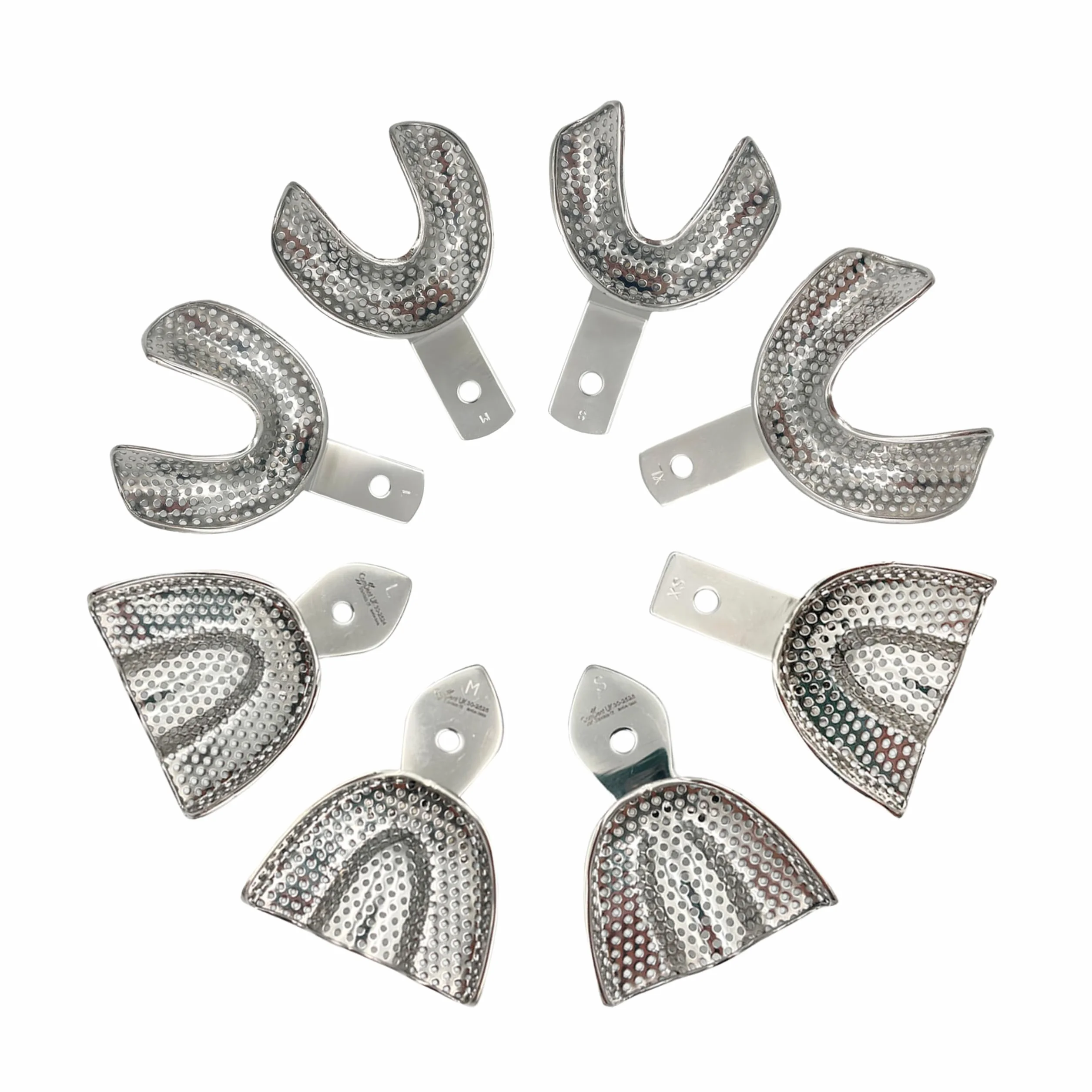 PACK 8 Pezzi Vassoi per Impronte Dentali Individuali, Dentate con Perforazione - 4 Inferiori e 4 Superiori - Acciaio Inossidabile ad alta resistenza - Strumento Essenziale per Professionisti Dentali