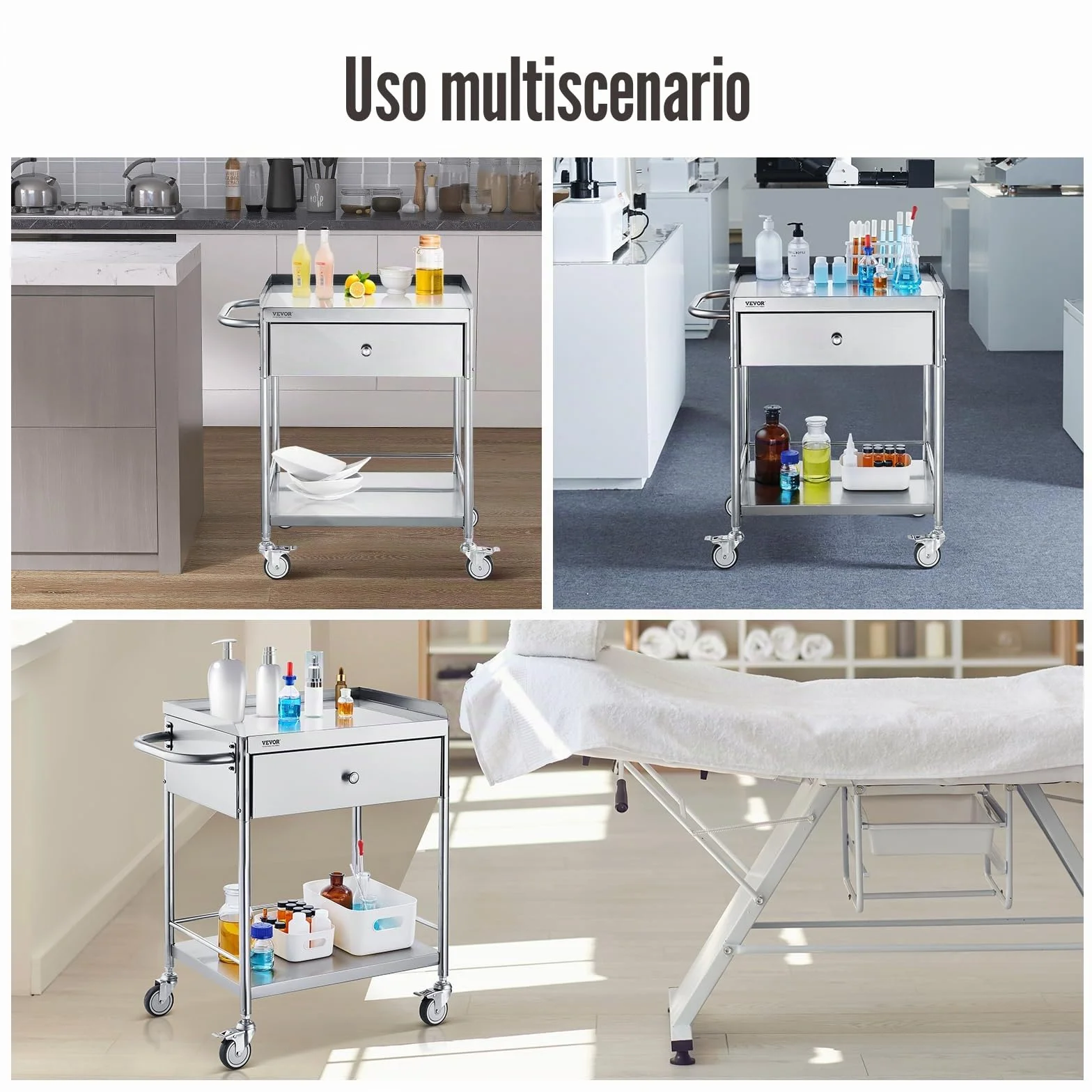 VEVOR Carrello da Laboratorio in Acciaio Inox 2 Ripiani 100kg 710 x 421 x 785 mm