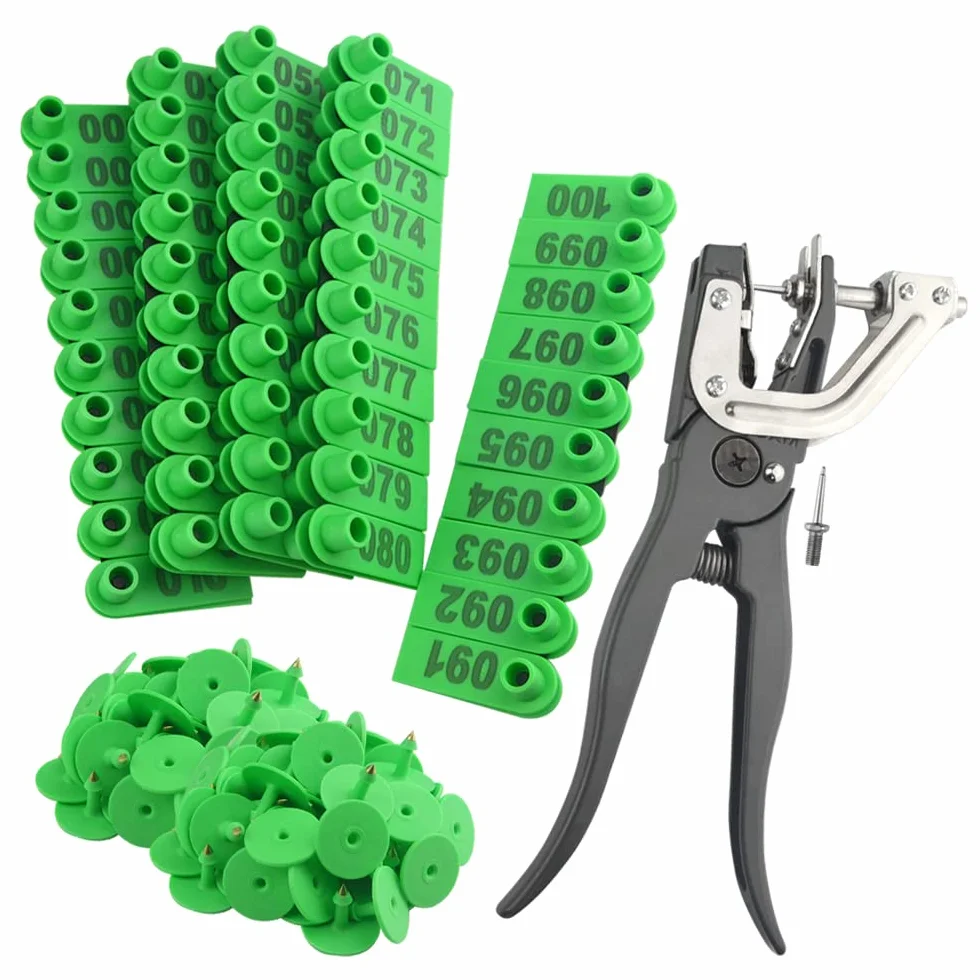 WGCD 1 – 100 Number plastica Animali Animale Orecchio Tag Tag Verde + Metallo Capra Pecora Orecchio Tag Animal applicatore Strumento Pinza