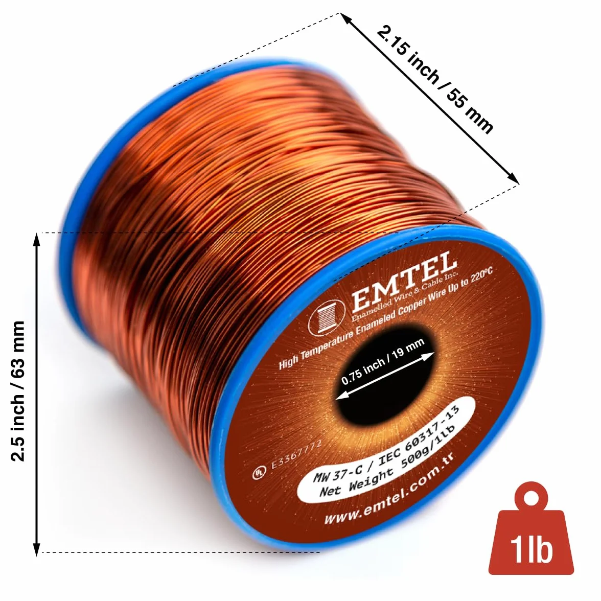 Emtel 1,02 mm (18 AWG) - 500 gr (1 LB) - 67 metri di filo di rame smaltato - Filo di avvolgimento per motori, trasformatori, altoparlanti, bobine magnetiche - fino a 220°C - doppio rivestimento