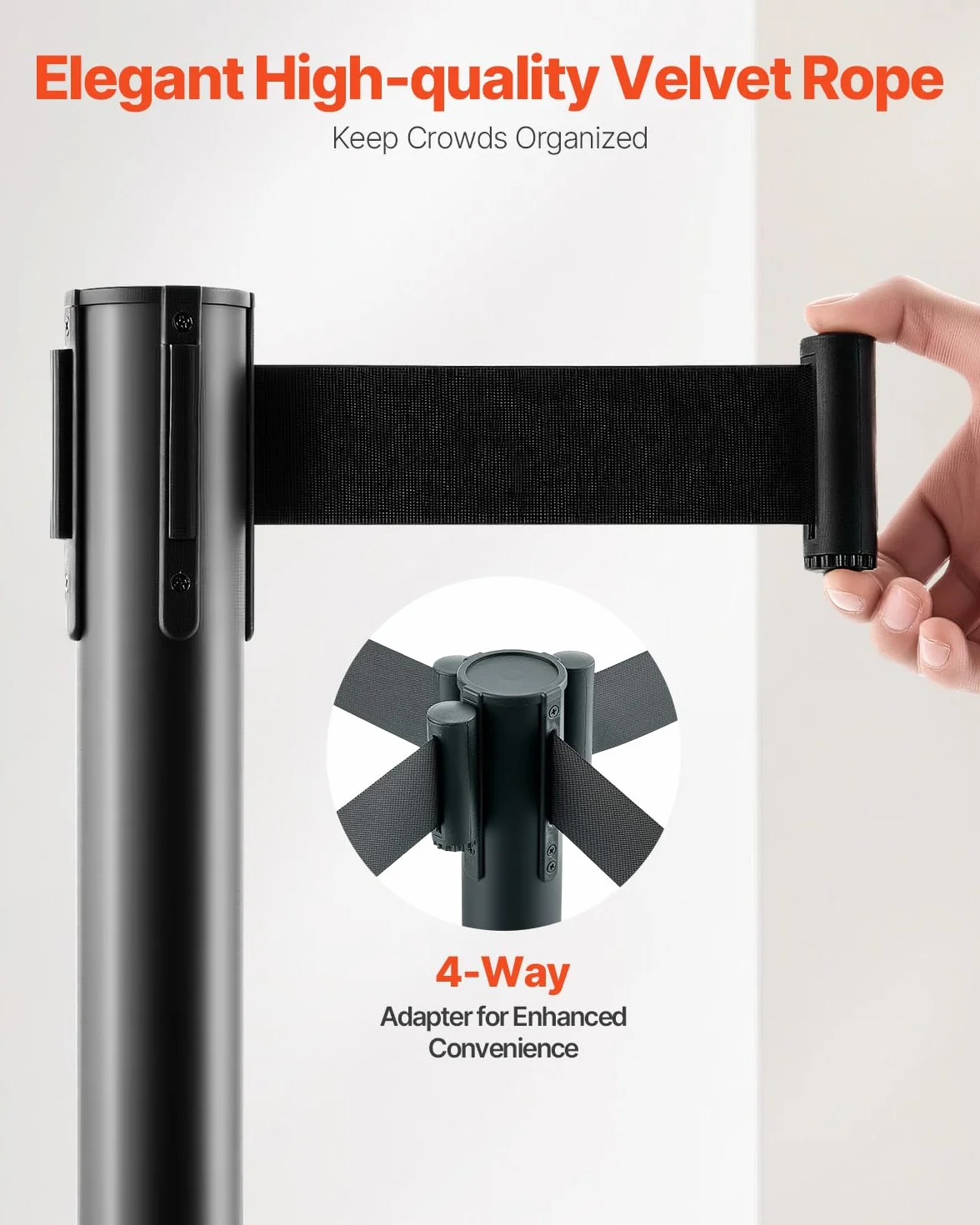 VEVOR Pali per Barriera di Controllo della Folla 315 x 870 mm Supporto per Barriera in Acciaio al Carbonio, Confezione da 6, con 6 Cinghie Retrattili, con Base Cava per Matrimoni, Mostre, Nero