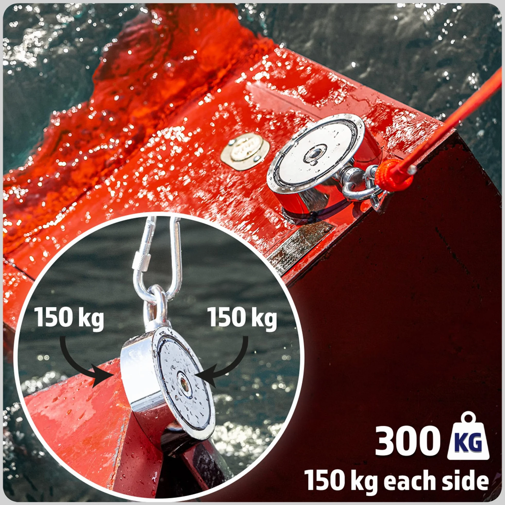 MAGFISHION Calamita Potente - Set di Magnete da Pesca - Forza di Trazione 300KG (2x 150kg) - Ø60mm - Magneti al Neodimio - Calamite Potenti con Corda (20M) & Guanti - Magnet Fishing