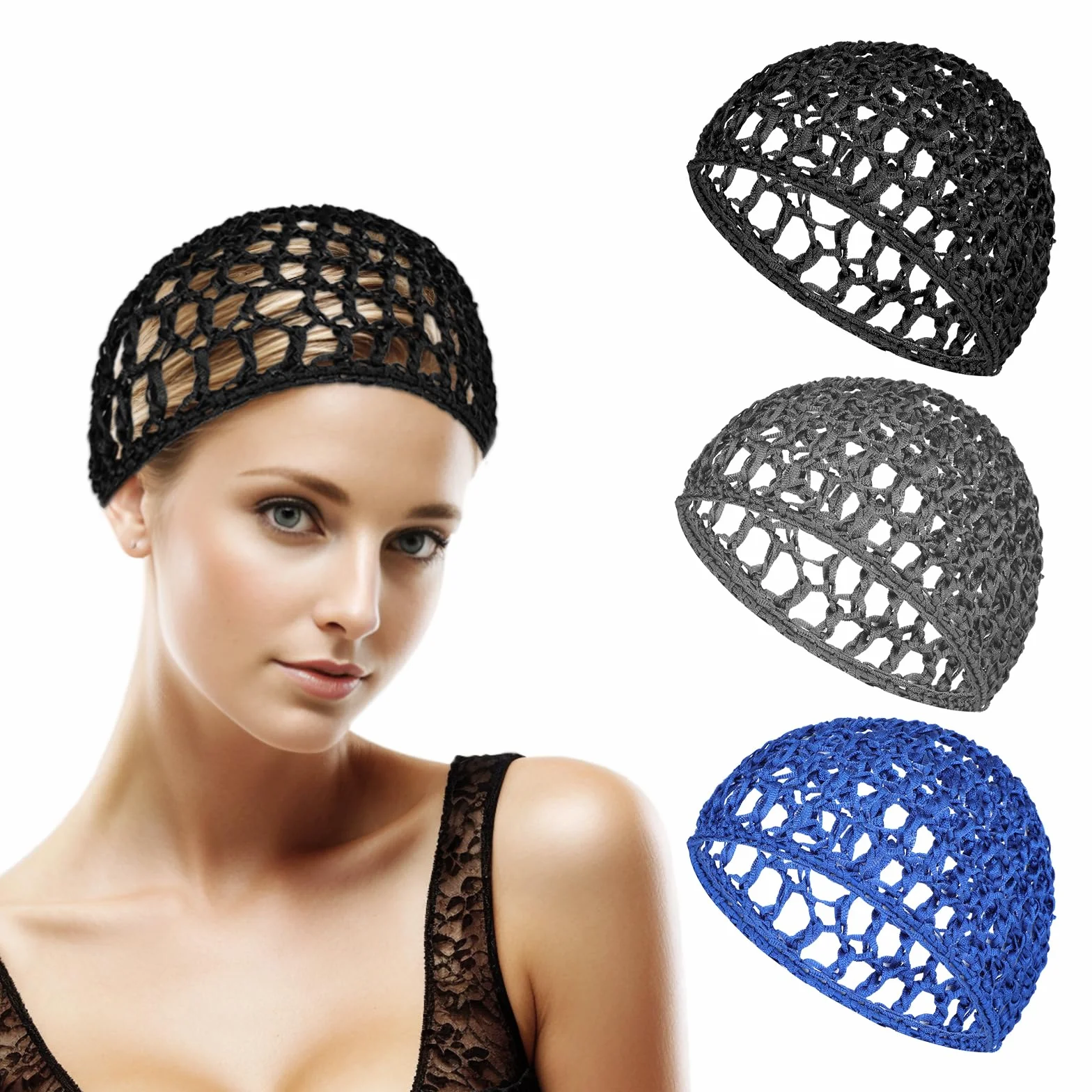 Set di 3 reti per capelli corti da donna riutilizzabili cuffia da doccia a maglia