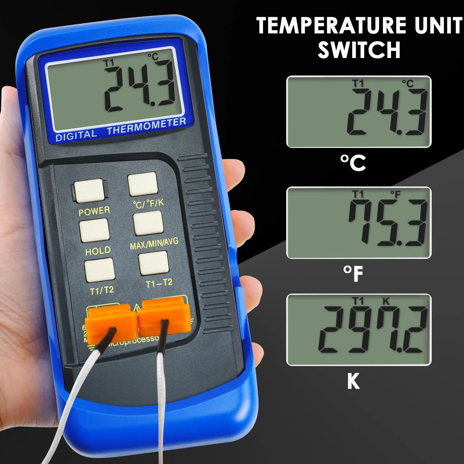GAIN EXPRESS Termocoppia Tipo K Termometro 4 Sonde Acciaio Inossidabile Doppio Canale Alta Temperatura Kelvin