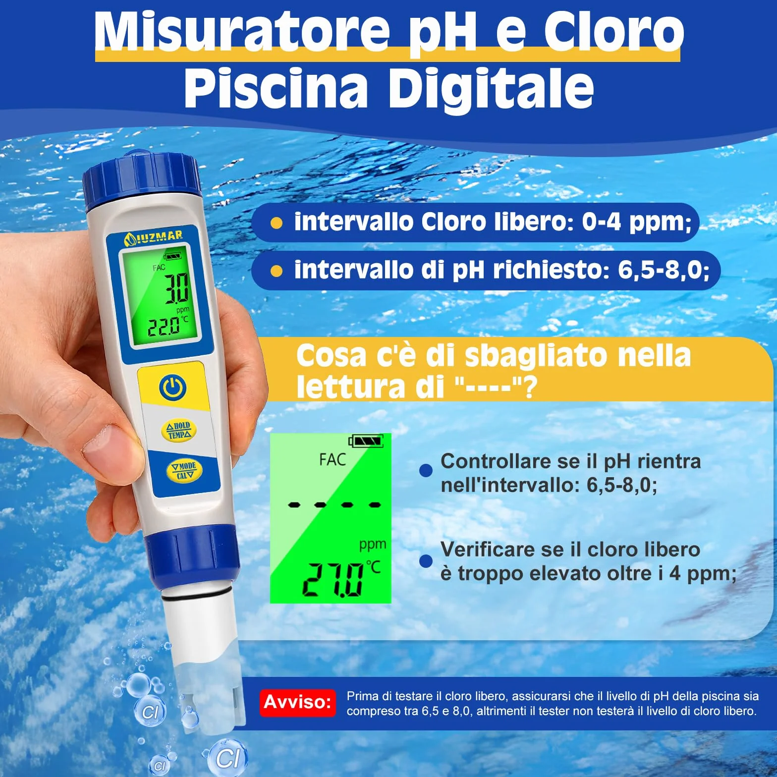 UIUZMAR Misuratore Cloro e Sale per Piscina, Tester Piscina pH e Cloro Digitale, Misuratore Multifunzionale di pH, EC, ORP e TDS Salinità Cloro Residuo per Piscine di Acqua Salata, Acquari, Idroponica