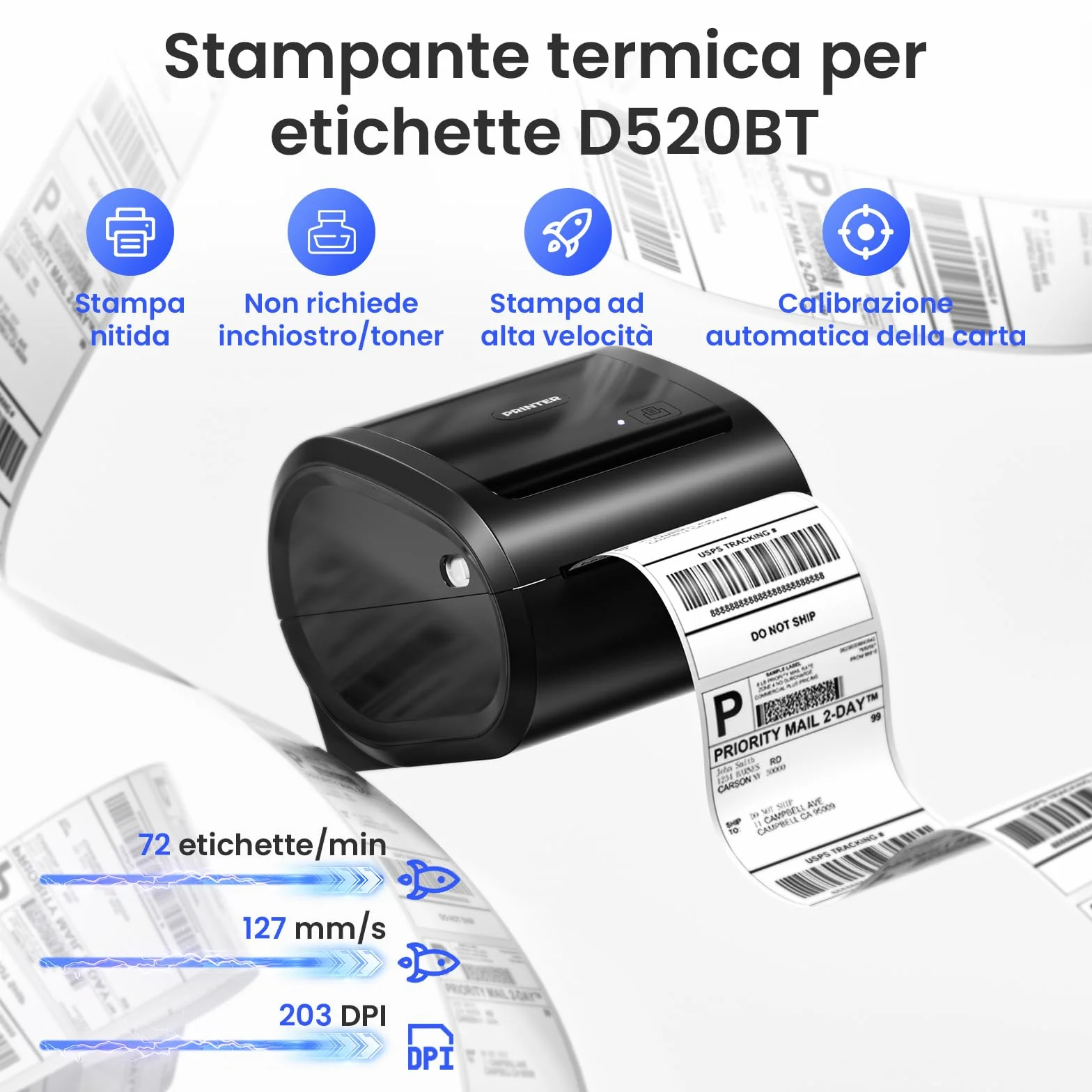 Phomemo D520BT Stampante Termica Bluetooth 4x6 per Etichette di Spedizione, Senza Inchiostro - Compatibile con Smartphone, PC/Mac, Android/iOS, Windows, Colissimo, UPS, Amazon, eBay, Nero