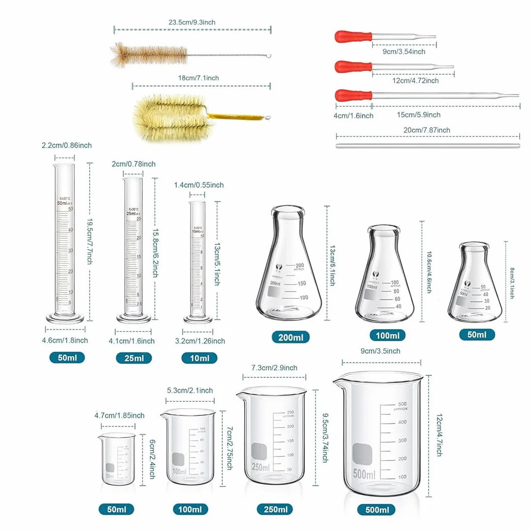 ZEEROQOLAB Zestaw Szkła Laboratoryjnego: 4 Zlewki, 3 Cylindry Miarowe, 3 Kolby Erlenmeyera z Pipetami i Mieszadłami