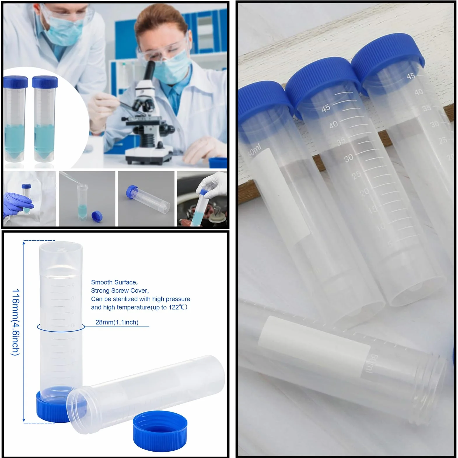HUAZIZ 40 probówek wirowniczych 50 ml plastikowych niebieskich do laboratorium chemicznego