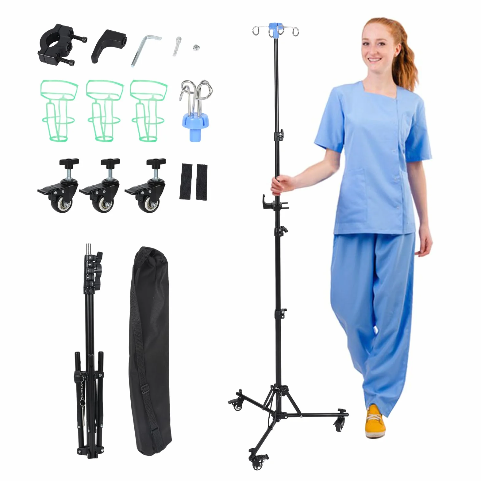 Supporto per infusione con ruote e ganci, pieghevole, regolabile in altezza, con 4 ganci e 3 ruote, supporto portatile per infusione per ospedale, assistenza domiciliare e in viaggio (con ganci)