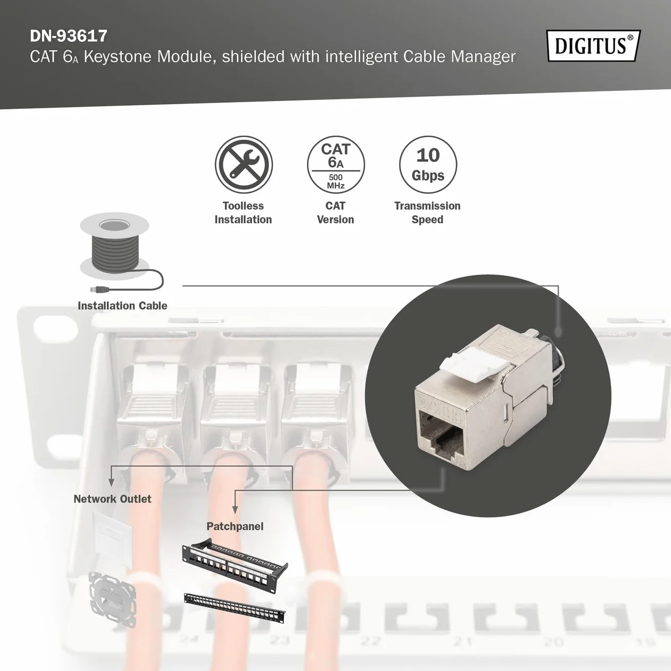 DIGITUS Modulo Keystone Cat-6A schermato RJ45 Jack 500 MHz 10GBase-T AWG 26-22