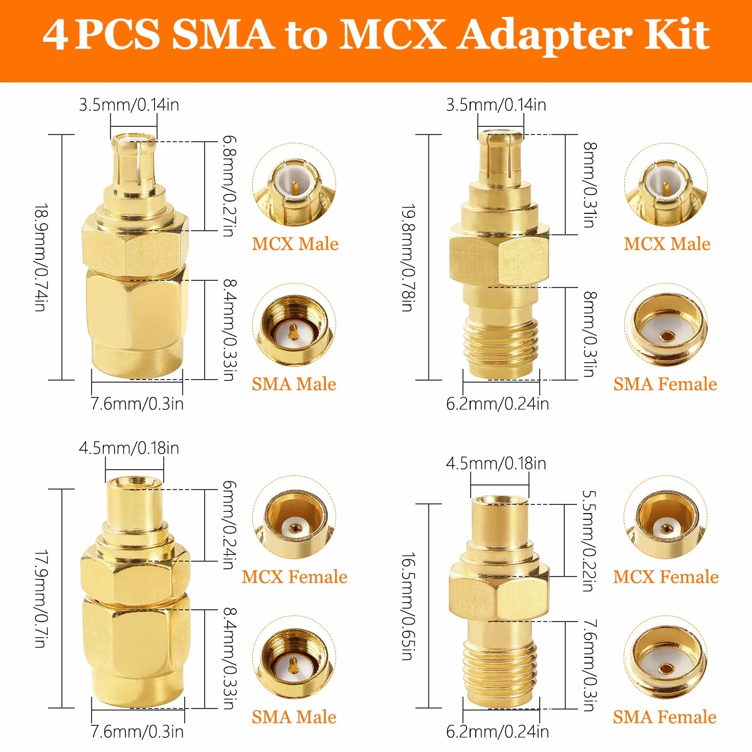 SMA Adattatore MCX Kit 4 Pezzi, Antenna Connettore per 4G LTE WiFi Router GPS