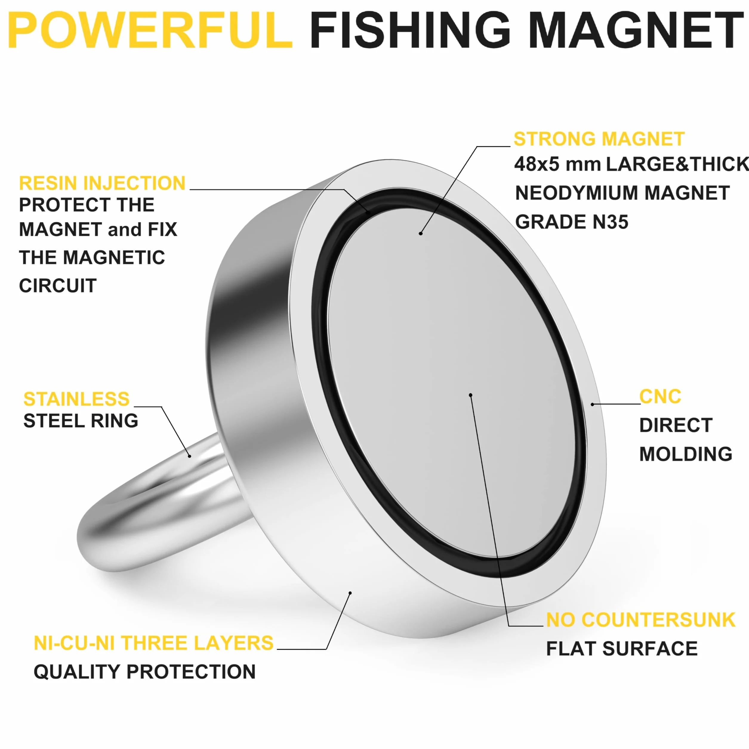 Magnetpro potente magnete al neodimio recentemente aggiornato con forza di 200 kg, potenti magneti da 60 mm di diametro perfetti per l'industria e la scienza, la pesca magnetica