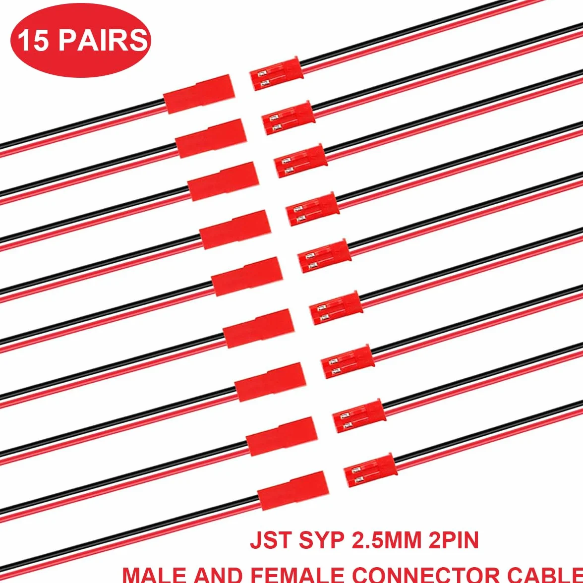 JST SYP - Cavo connettore maschio e femmina da 2,5 mm, 2 pin, 15 paia, con UL1007 20AWG 100 mm, rosso e nero, cavo e tubo termorestringente per striscia di lampade a LED, giocattoli