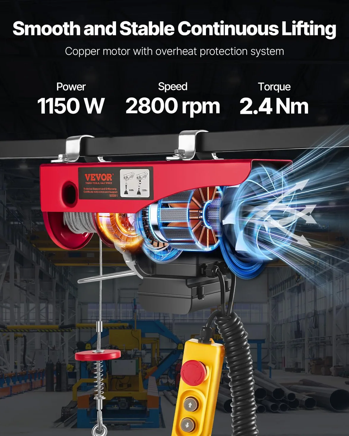 VEVOR Paranco a Leva Elettrico 1150 W Carico Max. da 600 kg Altezza di Sollevamento 12 m Motore con Telecomando, Paranco Elettrico a Leva per Sollevamento Carico Velocità 10 m/min da Garage