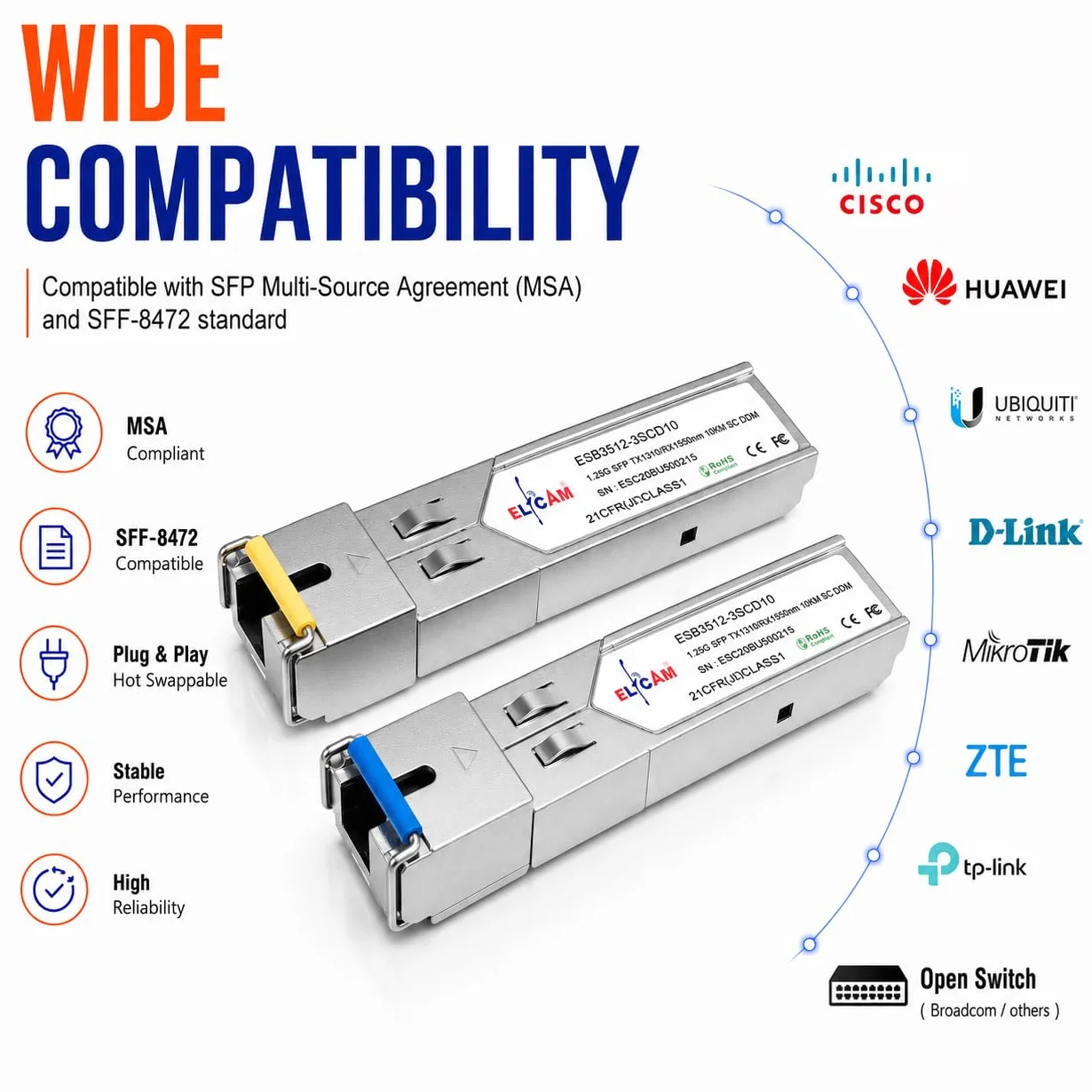 Modulo BIDI SFP 1,25G SC Monomodale 10KM DDM Compatibile Cisco Ubiquiti Huawei D-Link Mikrotik