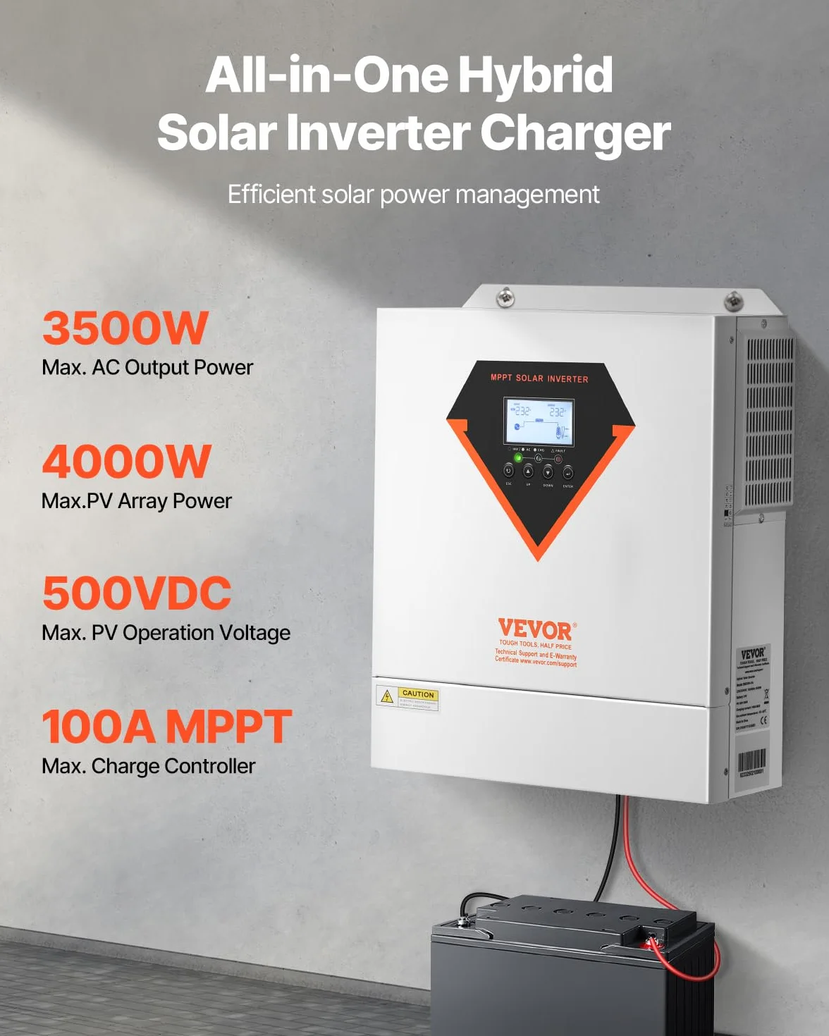 VEVOR Invertitore Solare Ibrido, Invertitore per Sistema Fuori Rete di Potenza a Onda Sinusoidale Pura Tutto in Uno, 24 V CC Monofase 220/230 V CA, 3500 W, con Regolatore Solare da 100 A Integrato