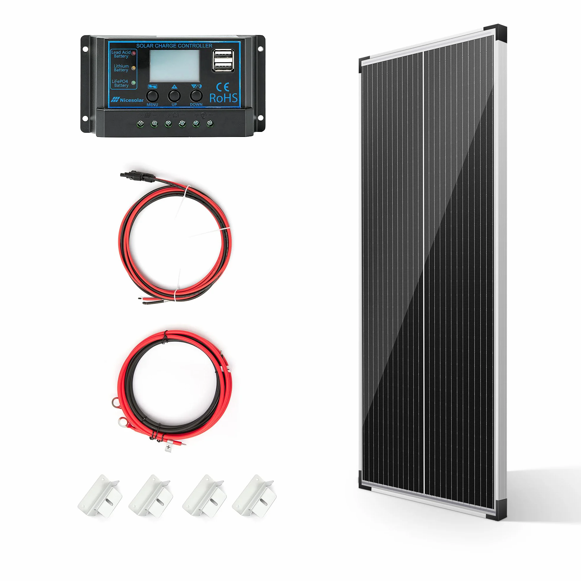 Nicesolar Pannello solare da 100 W, 12 V, sistema off-grid per pannello solare, batteria di ricarica per campeggio, controller di ricarica solare da 20A cavo solare, per casa, auto, capannone, camper