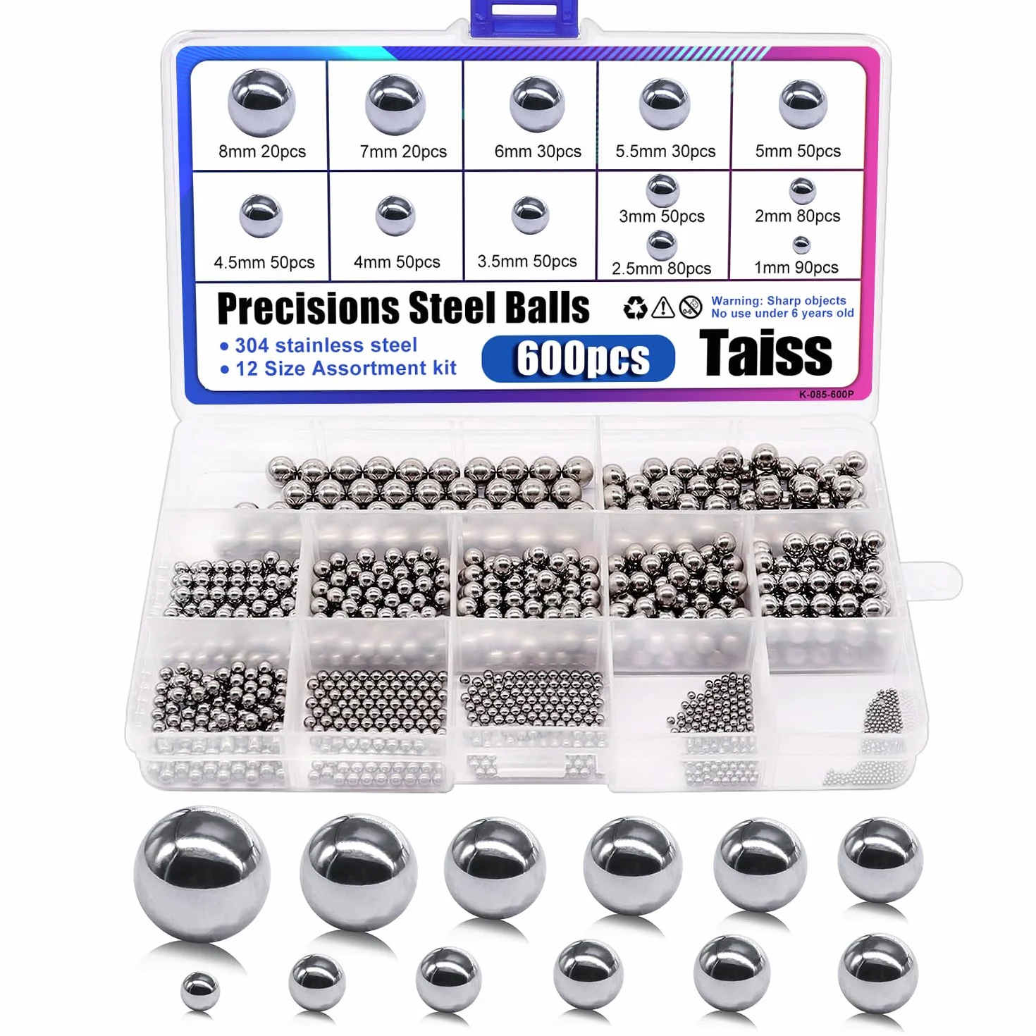 Taiss 600pcs 12size 1-8mm sfere acciaio, sfere acciaio per cuscinetti, sfere dell'acciaio inossidabile per le sfere d'acciaio di precisione della ruota della bicicletta di montagna