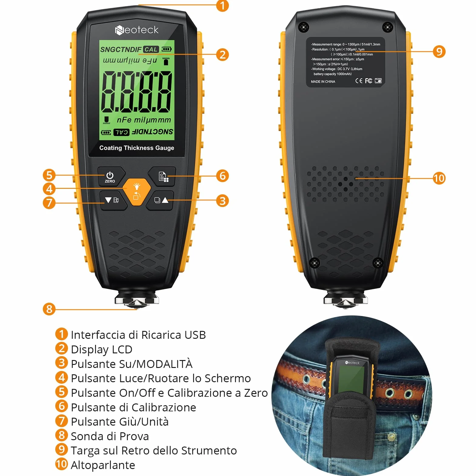 Neoteck Misuratore di Spessore Vernice 0-1300um Spessimetro LCD Retroilluminazione Auto Spegnimento Automatico
