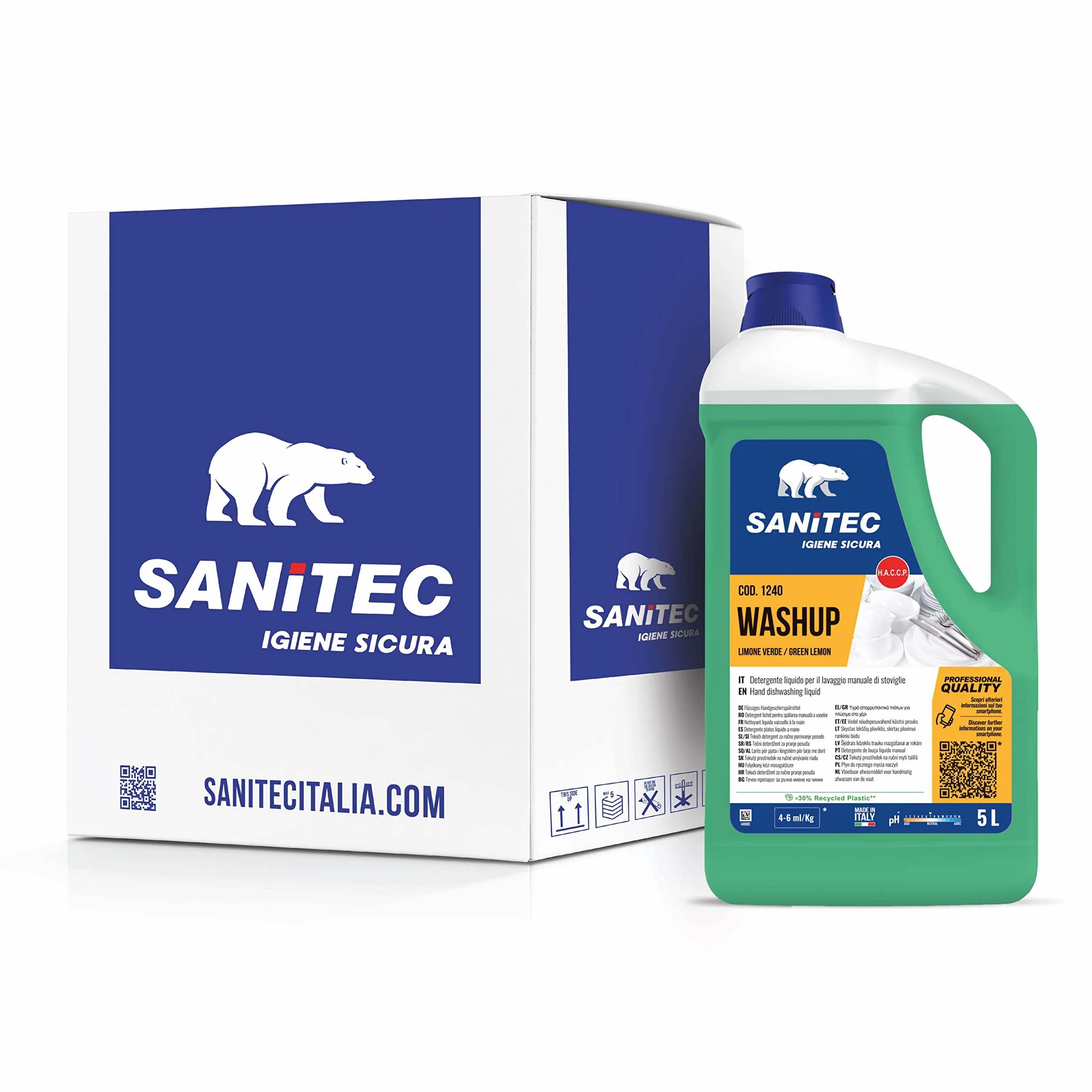 Sanitec, Washup Limone Verde, Detergente Liquido per il Lavaggio Manuale delle Stoviglie, Sgrassa a Fondo e Rilascia una Fresca Profumazione che Elimina i Cattivi Odori, Made in Italy, 2 Taniche da 5L