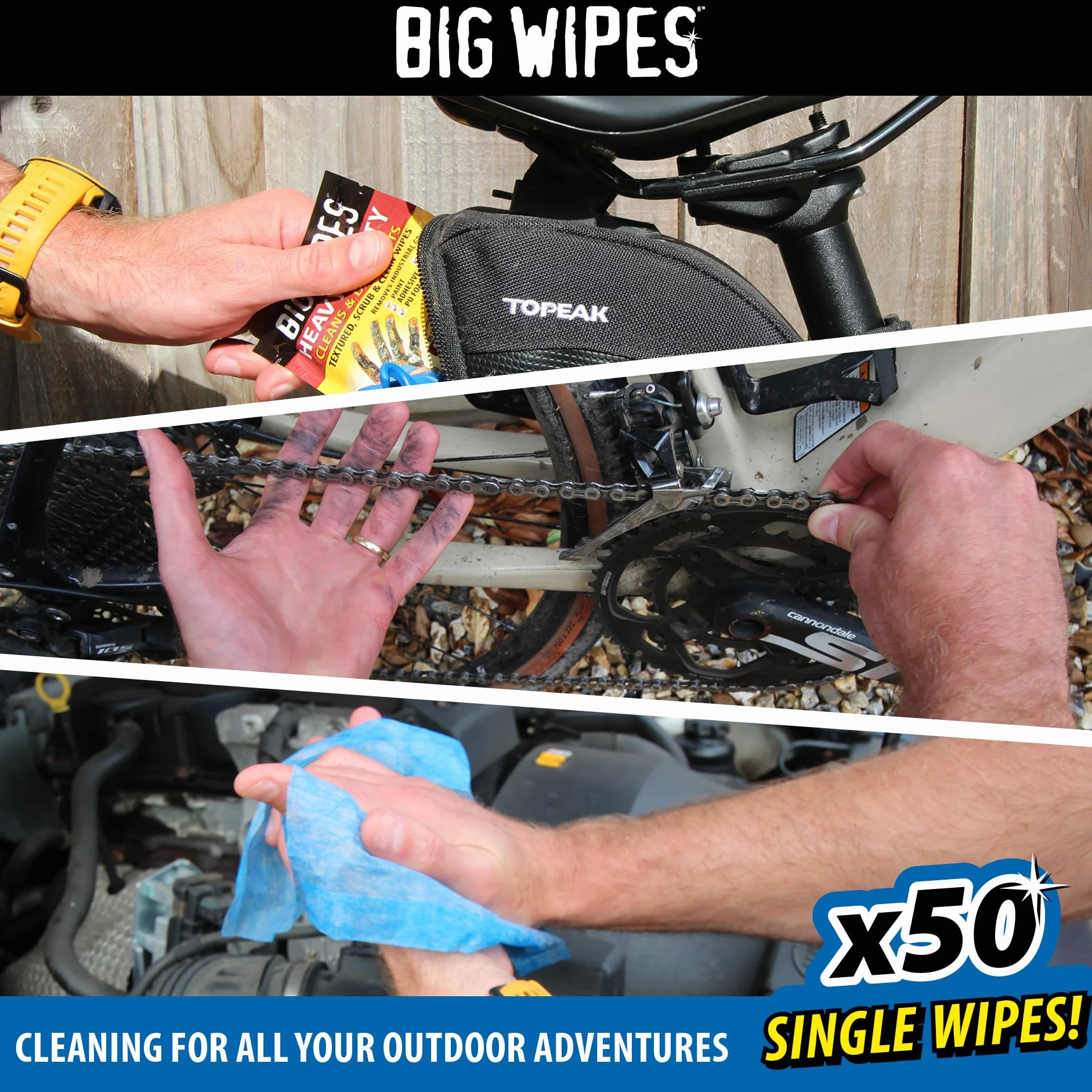 Big Wipes Heavy Duty Pro+ Salviette per le mani x50 bustine singole, rimuove vernice, olio, schiuma PU, adesivi, aloe vera, vitamina E, salviette professionali bifacciali