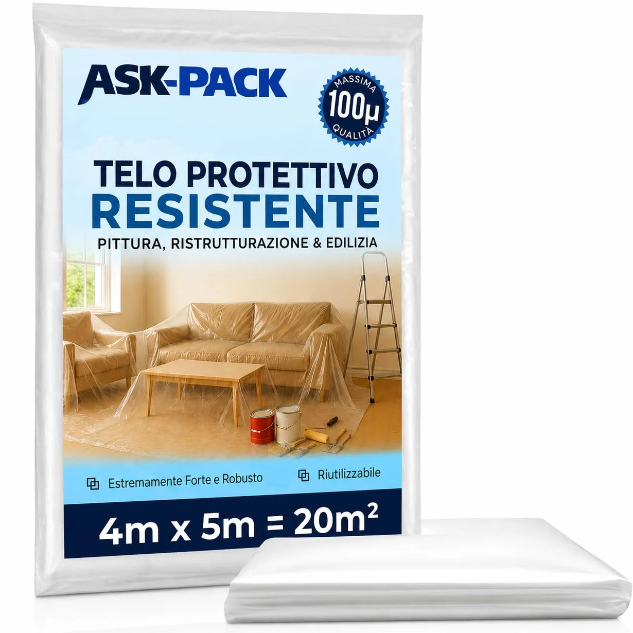 Pellicola protettiva 100 µm – Pellicola protettiva per mobili extra forte 4 x 5 m (20 m²) – trasparente e resistente agli strappi – pellicola protettiva per trasloco, pittura e mobili
