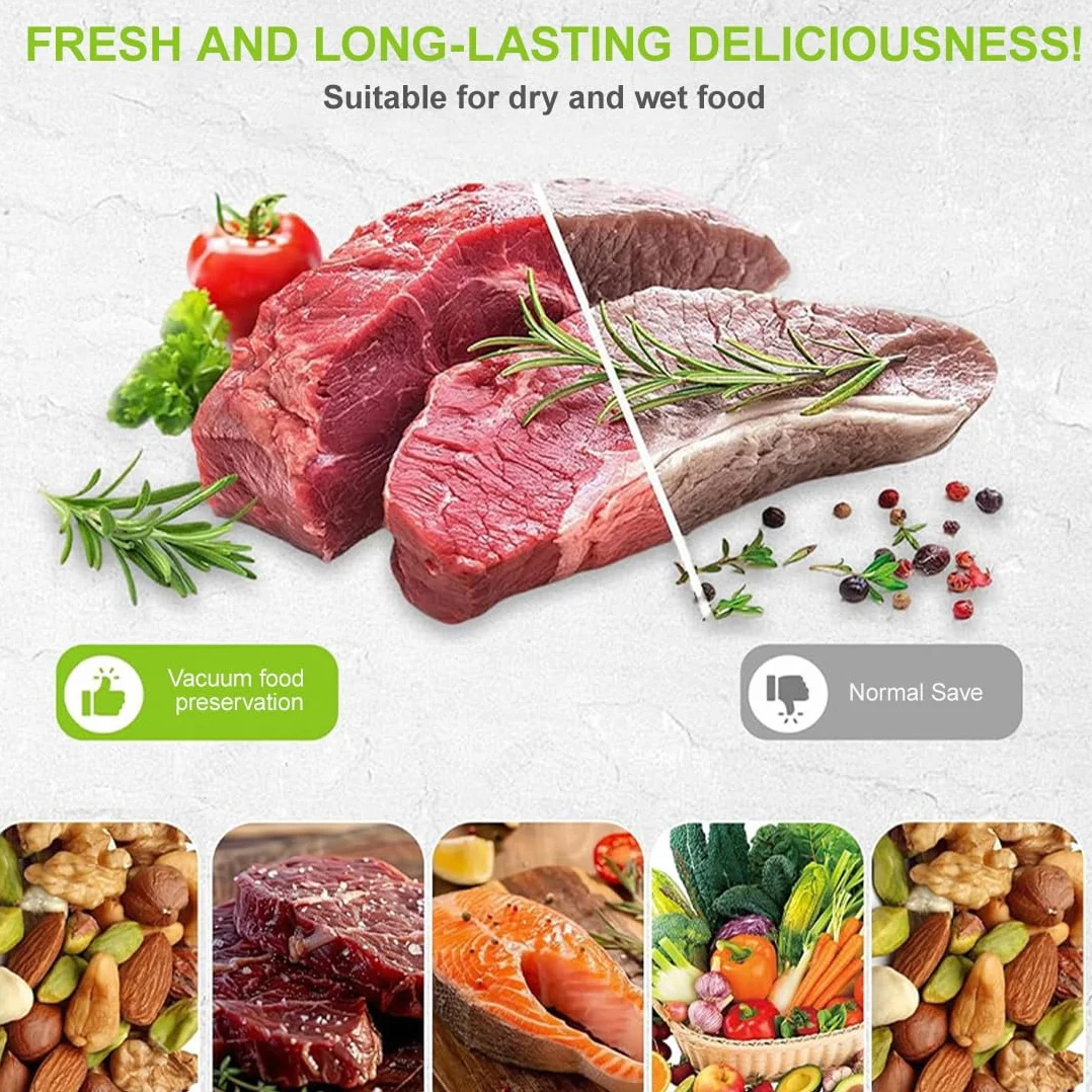 Sacchetti per Sottovuoto Alimenti, 10 Pezzi Riutilizzabili con Valvola per Conservazione Ermetica, Ideali per Carne Pesce Frutta e Verdura, Mantengono Freschezza e Sapore a Lungo
