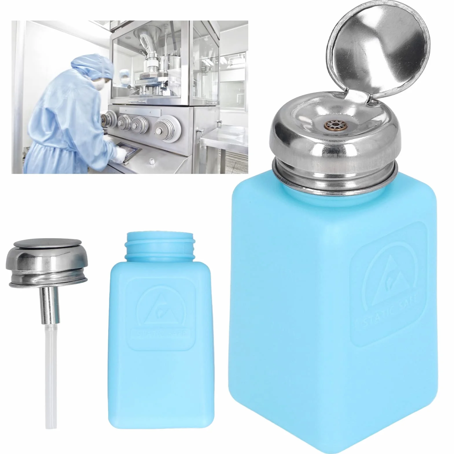 ESD Safe Anti-Static Solvent Dispenser 200ml, Distributore Liquido in Acciaio Inossidabile, Bottiglia Blu Resistente