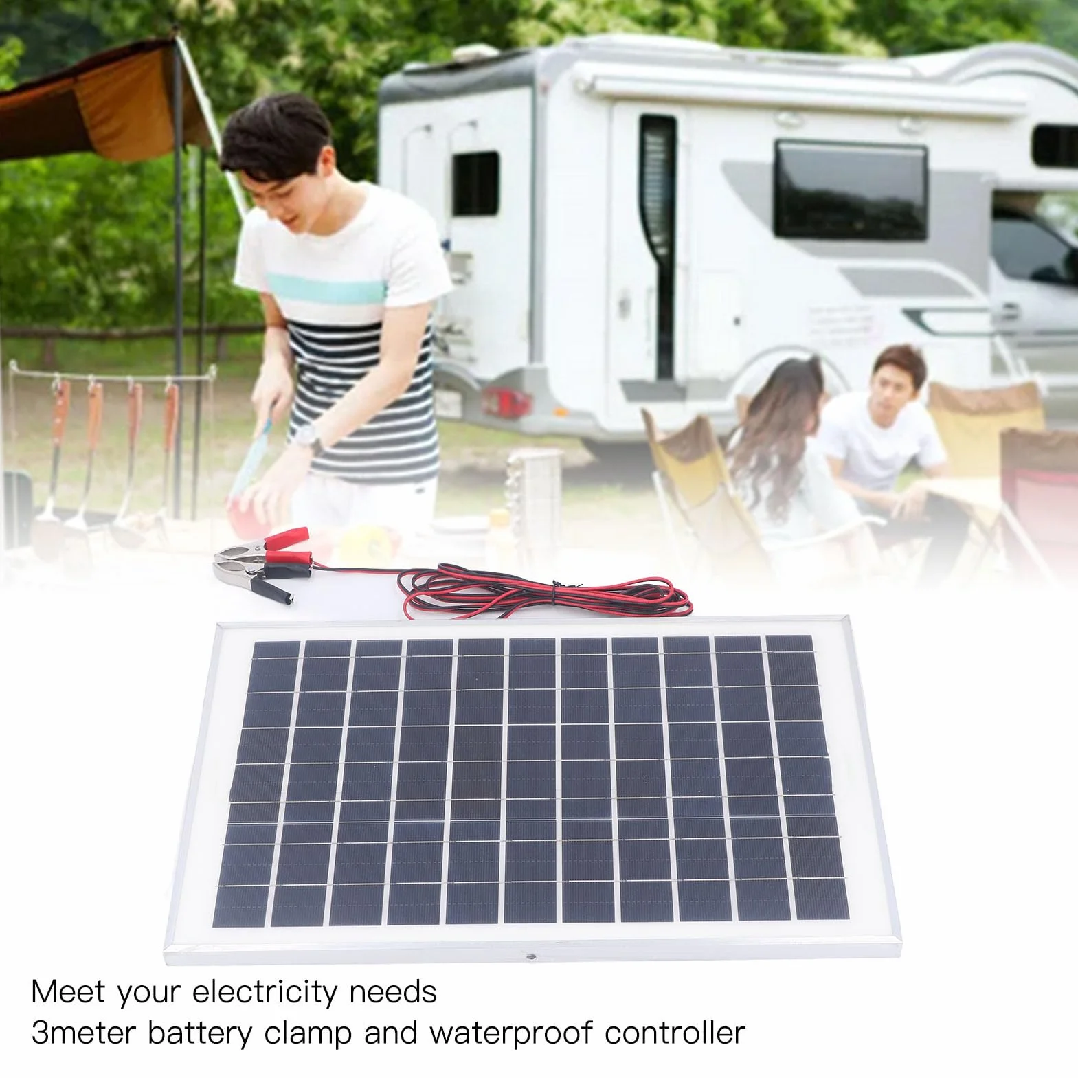 Kit Pannello Solare Auto, Kit Camper Batteria a Litio Caricatore e Pannello Solare 50W 18V con Regolatore di Carica Impermeabile Mppt Morsetto Batteria da 3 Metri, per Camper Rimorchio Barca