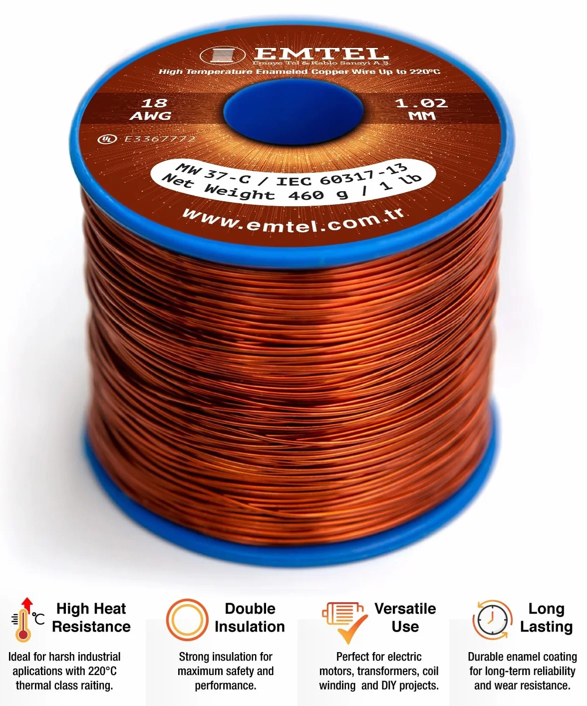 Emtel 1,02 mm (18 AWG) - 500 gr (1 LB) - 67 metri di filo di rame smaltato - Filo di avvolgimento per motori, trasformatori, altoparlanti, bobine magnetiche - fino a 220°C - doppio rivestimento