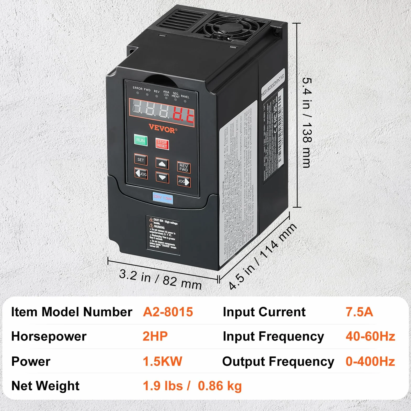 VEVOR VFD 2PS, 1,5KW, 7,5A, Ingresso 220 V Monofase Trifase a Uscita 220 V Trifase Azionamento a Frequenza Variabile, Ingresso 40-60 Hz, Uscita 0-400 Hz VFD per Controllo Velocità CNC Motore Mandrino