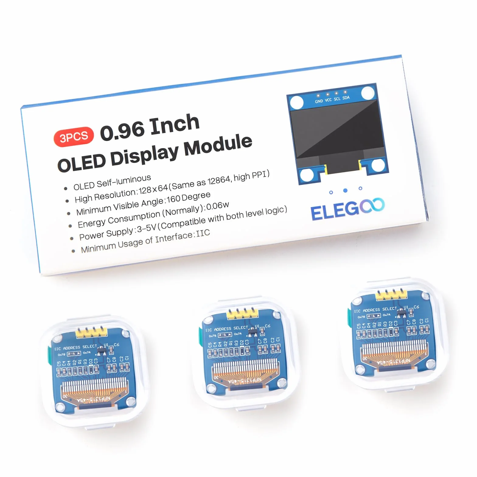 ELEGOO Display OLED 3 Pezzi Modulo Schermo da 0,96 Pollici Bianco, 128x64 Driver I2C Mini Schermi Compatti Autoluminosi per Arduino, Raspberry Pi, PICO.51 MCU, STM32, ESP32