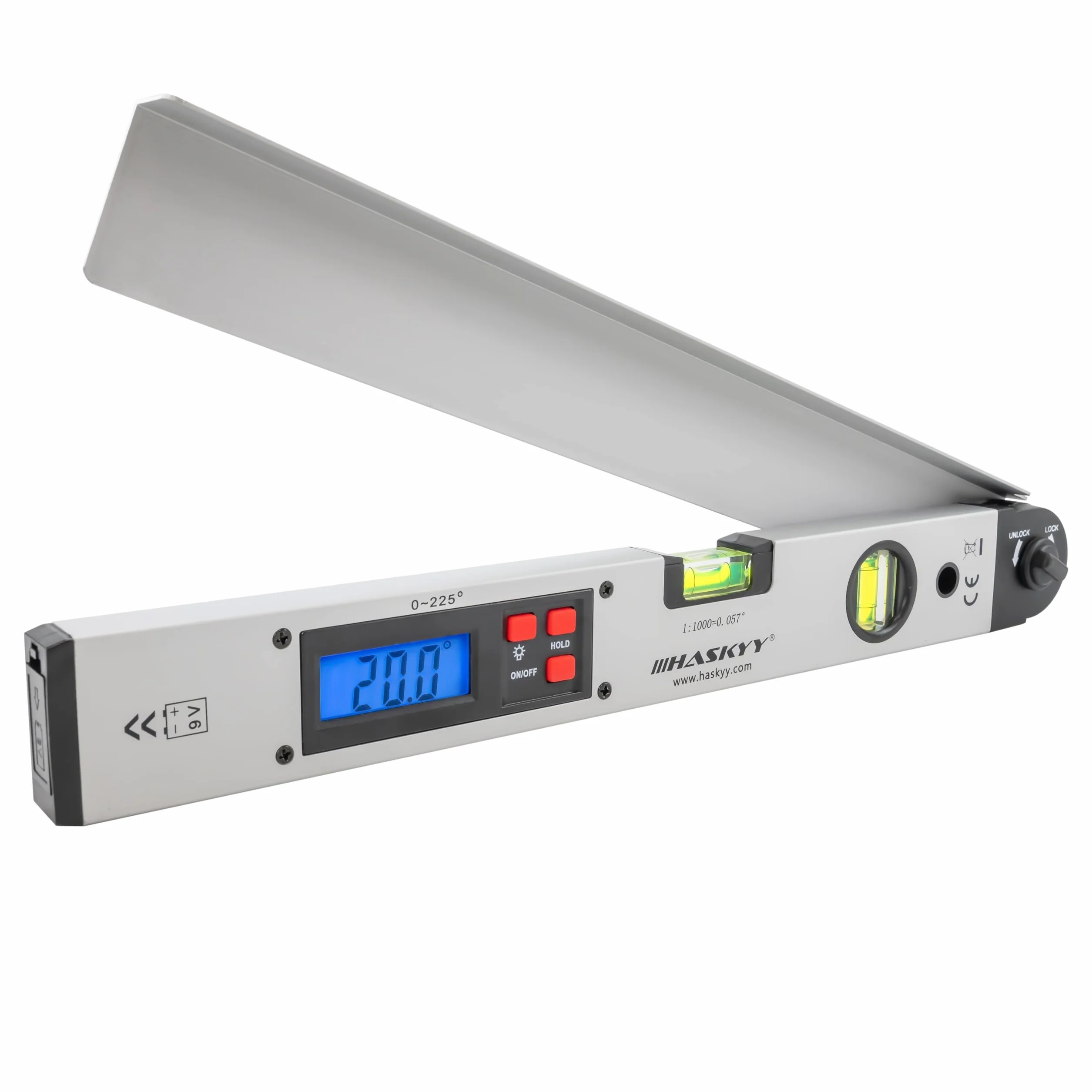 HASKYY Livella goniometrica 0-230° Livella rotante con display LCD 450 mm per misurazioni, ristrutturazioni e costruzioni - Argento
