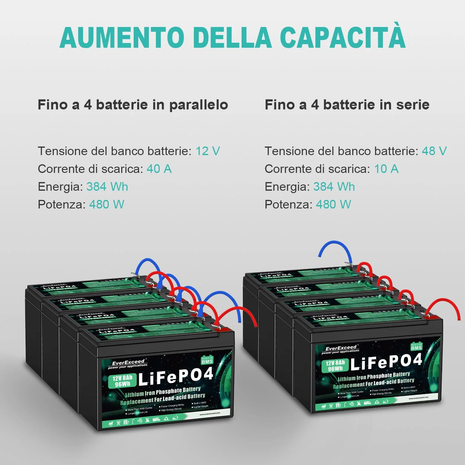 Batteria Lifepo4 da 12V 8 Ah con Oltre 3000 Cicli di Scarica Profonda Batteria Litio da 12 V per Energia Solare/Eolica, illuminazione, Pesce Rilevatore e Altro, con BMS da 10 A integrato
