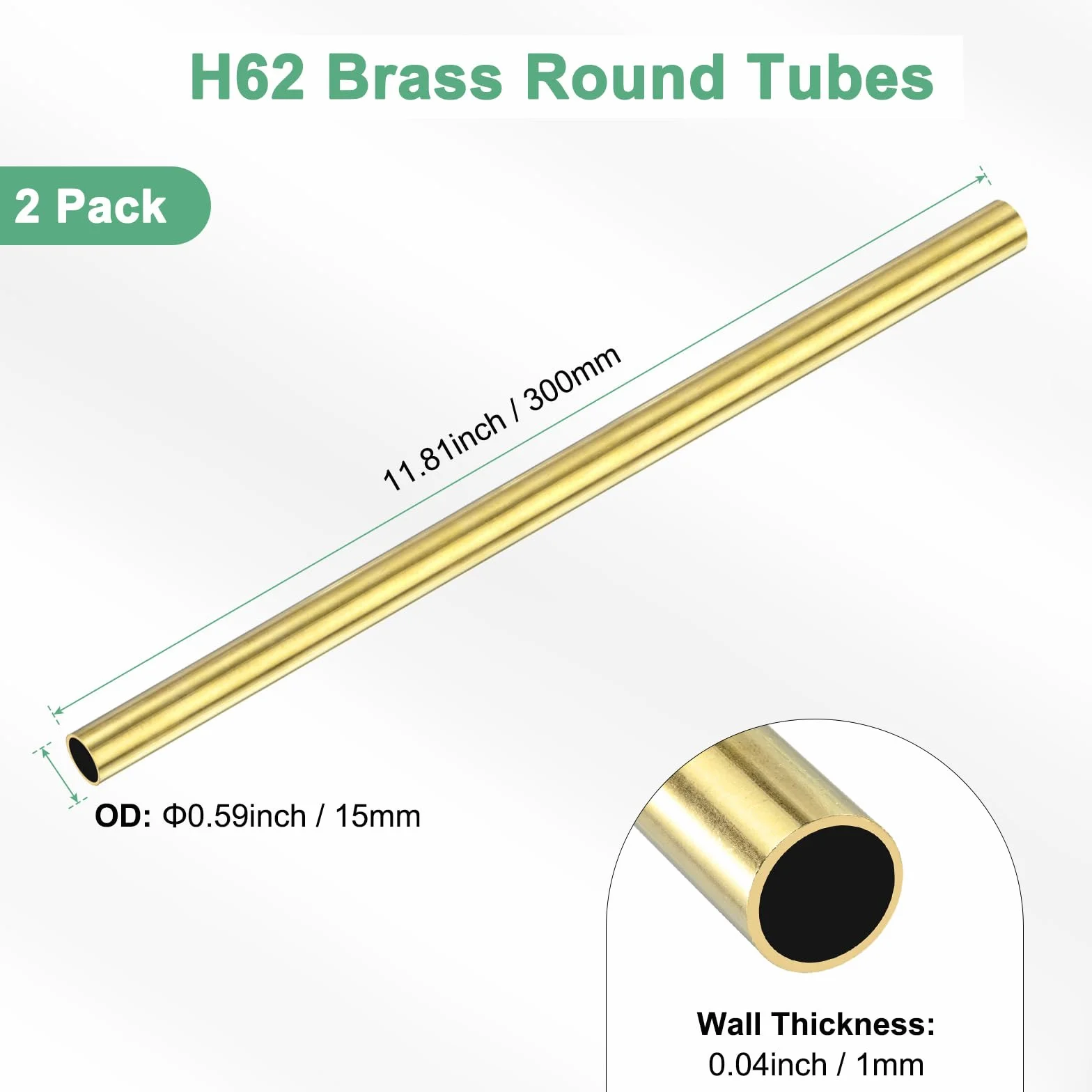 M METERXITY 2-Pack 300mm Tubo Rotondo in Ottone H62 15mm Diametro Esterno 1mm Spessore Parete Senza Saldatura