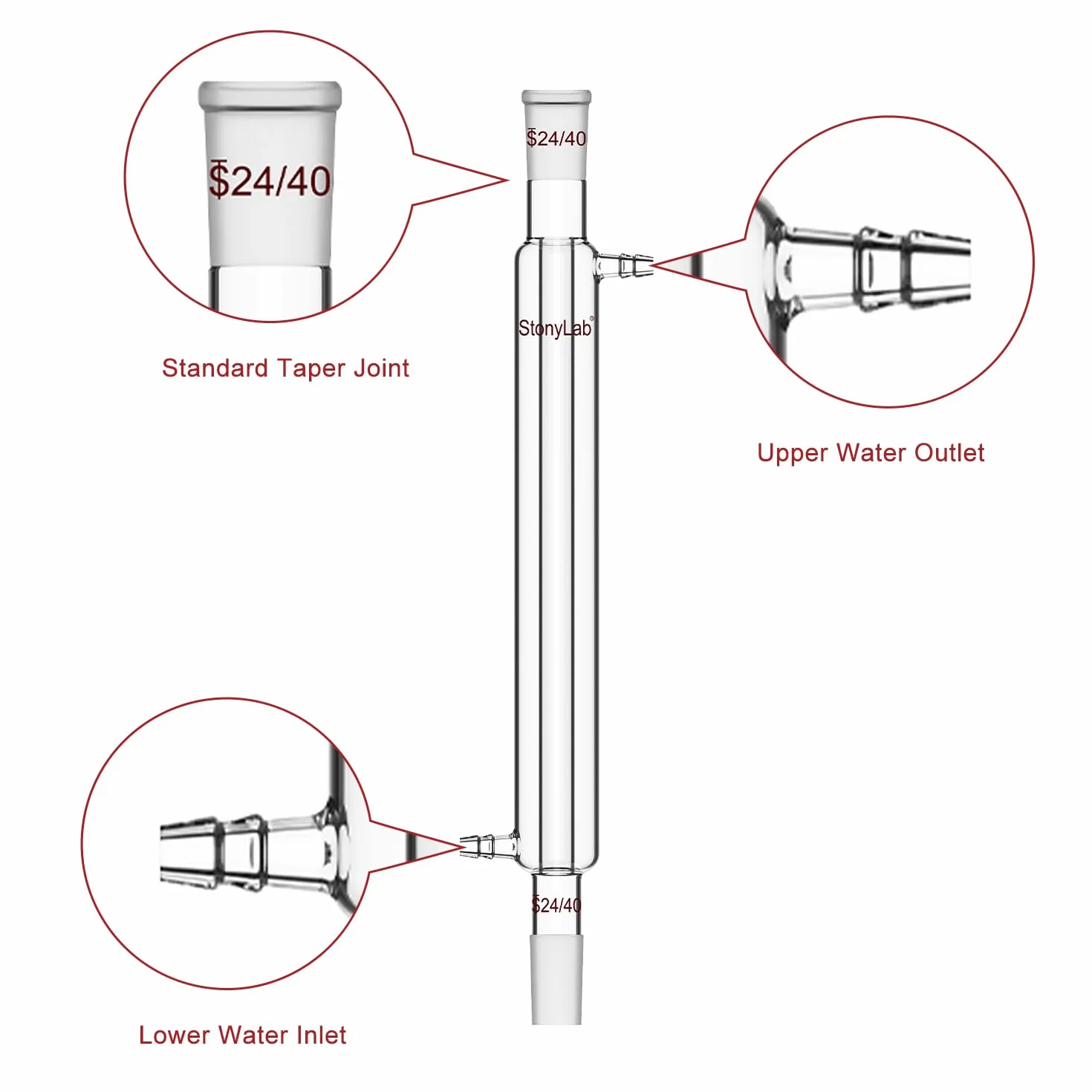 stonylab Liebig Condensatore, Vetro Borosilicato Liebig Condensatore con Giunto 24/40, Lunghezza Giacca 300 mm, Laboratorio Condensazione Distillazione Vetreria