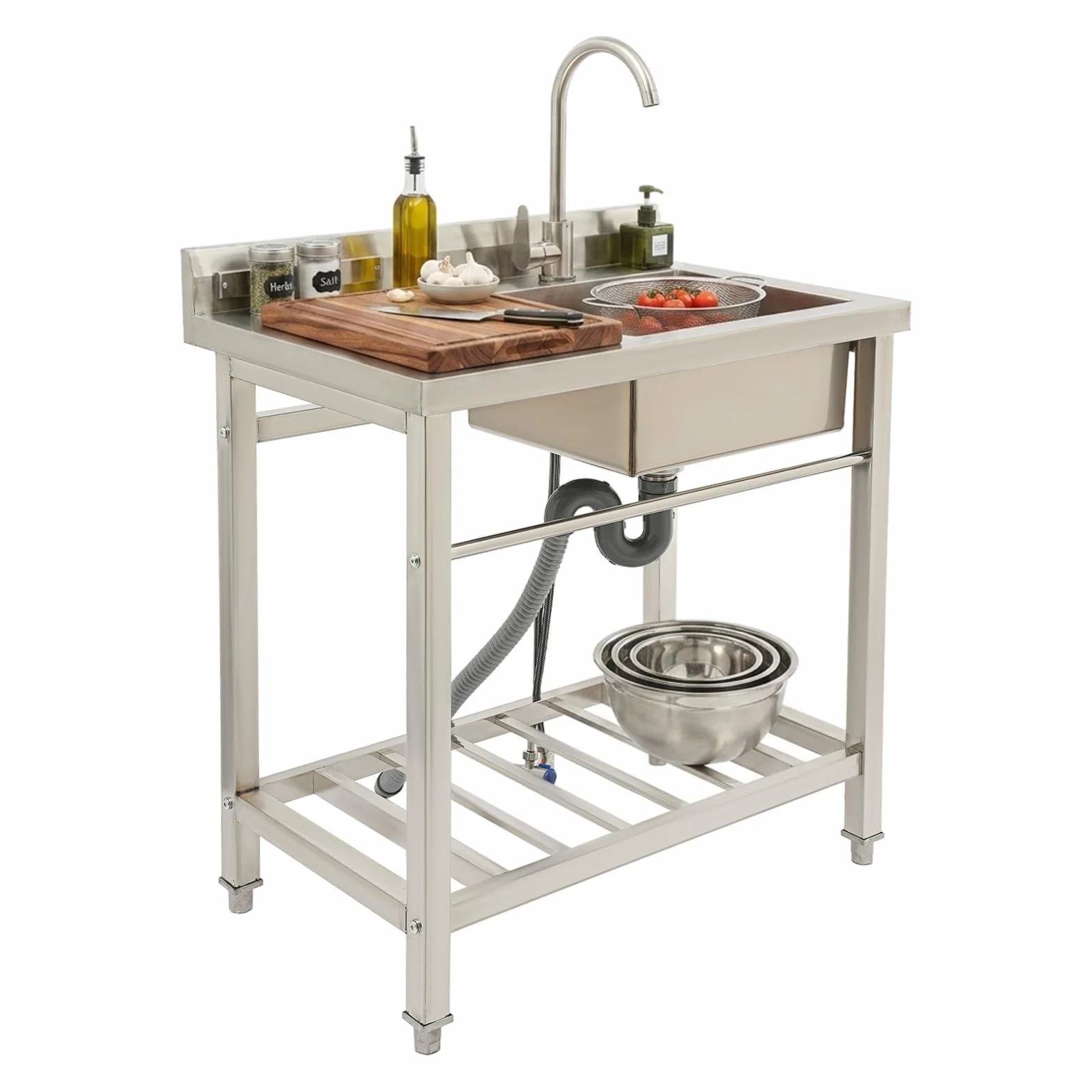 Lavello autoportante con gambe quadrate e una vasca, lavello commerciale con mobiletto, portata fino a 100 kg, incluso rubinetto e connettore per acqua, 80 x 55 x 84 cm