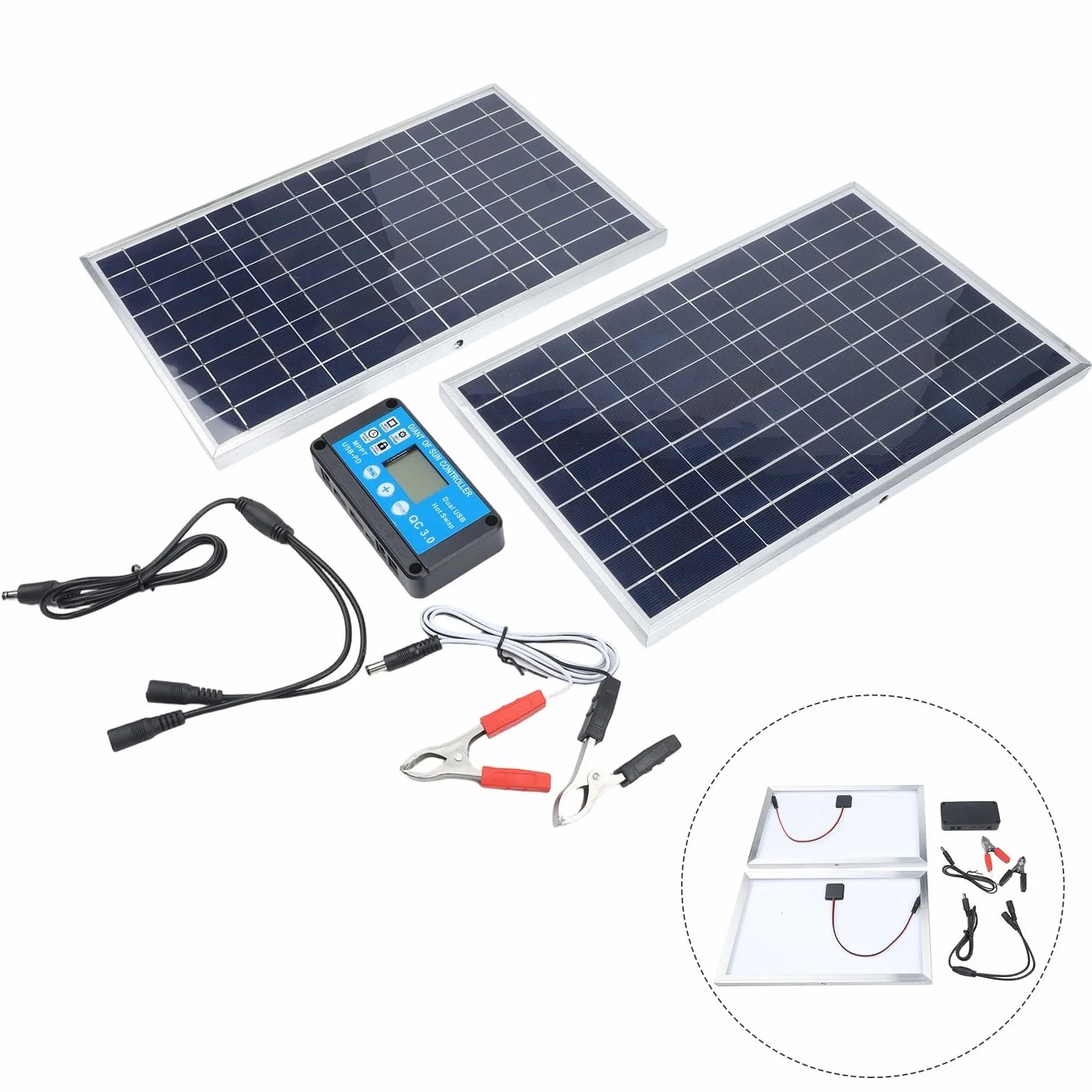 Kit Caricabatterie Solare 200W, 12V, Manutentore di Ricarica Lenta, Caricabatterie per Batteria IP65 Impermeabile per Auto, Barca, Campervan (Doppio)