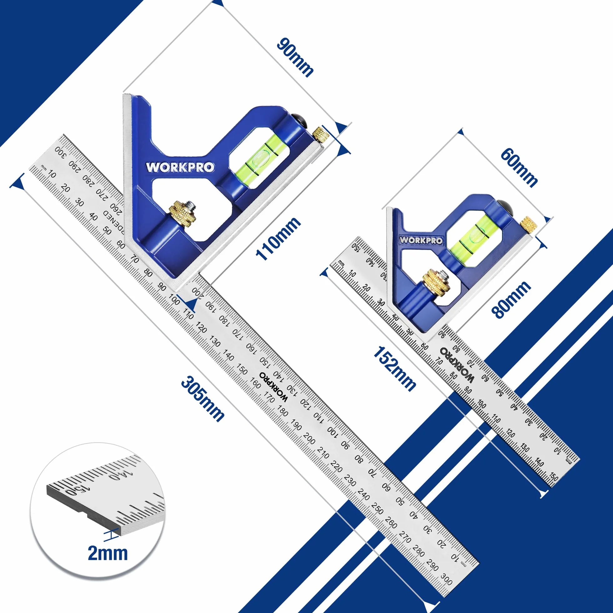 WORKPRO Set di Squadra Combinata Regolabile 150+300mm, Righello Angolo Acciaio Inossidabile con Bolla